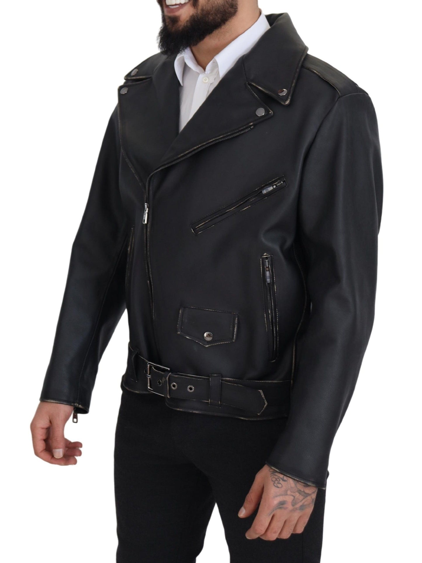 Schwarzer Leder Bikermantel Zipper Jacke