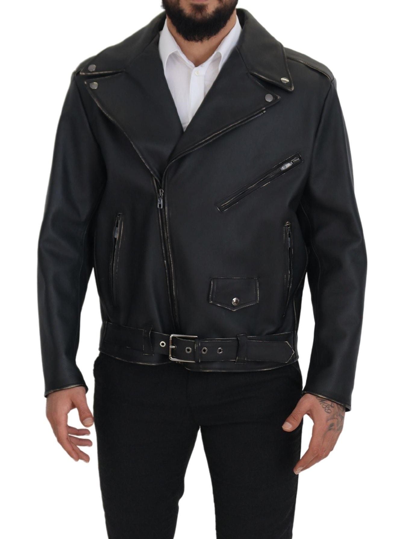 Schwarzer Leder Bikermantel Zipper Jacke