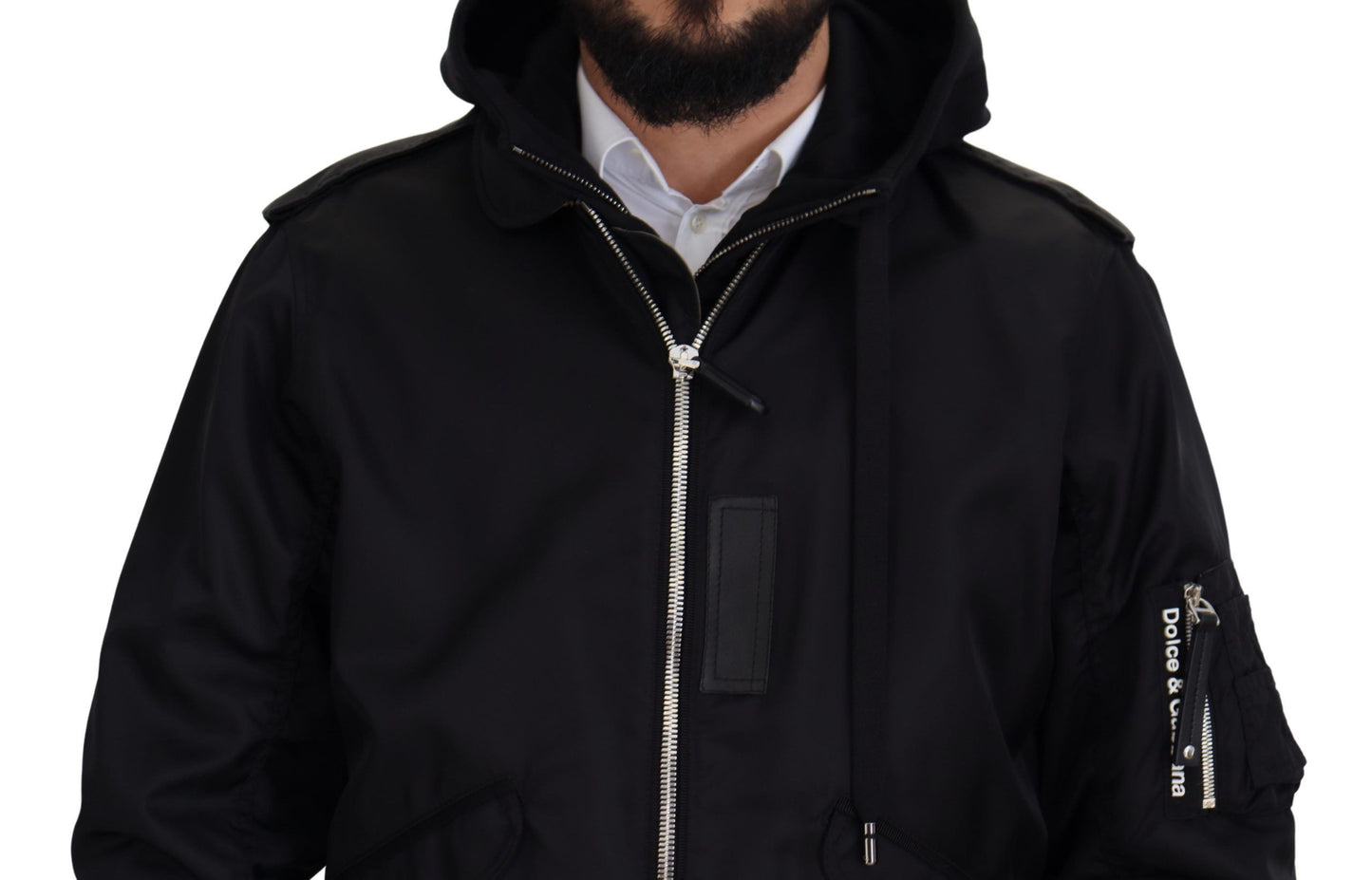 Schwarzes Nylon mit Kapuze und durchgehendem Reißverschluss Männer Mantel Jacke