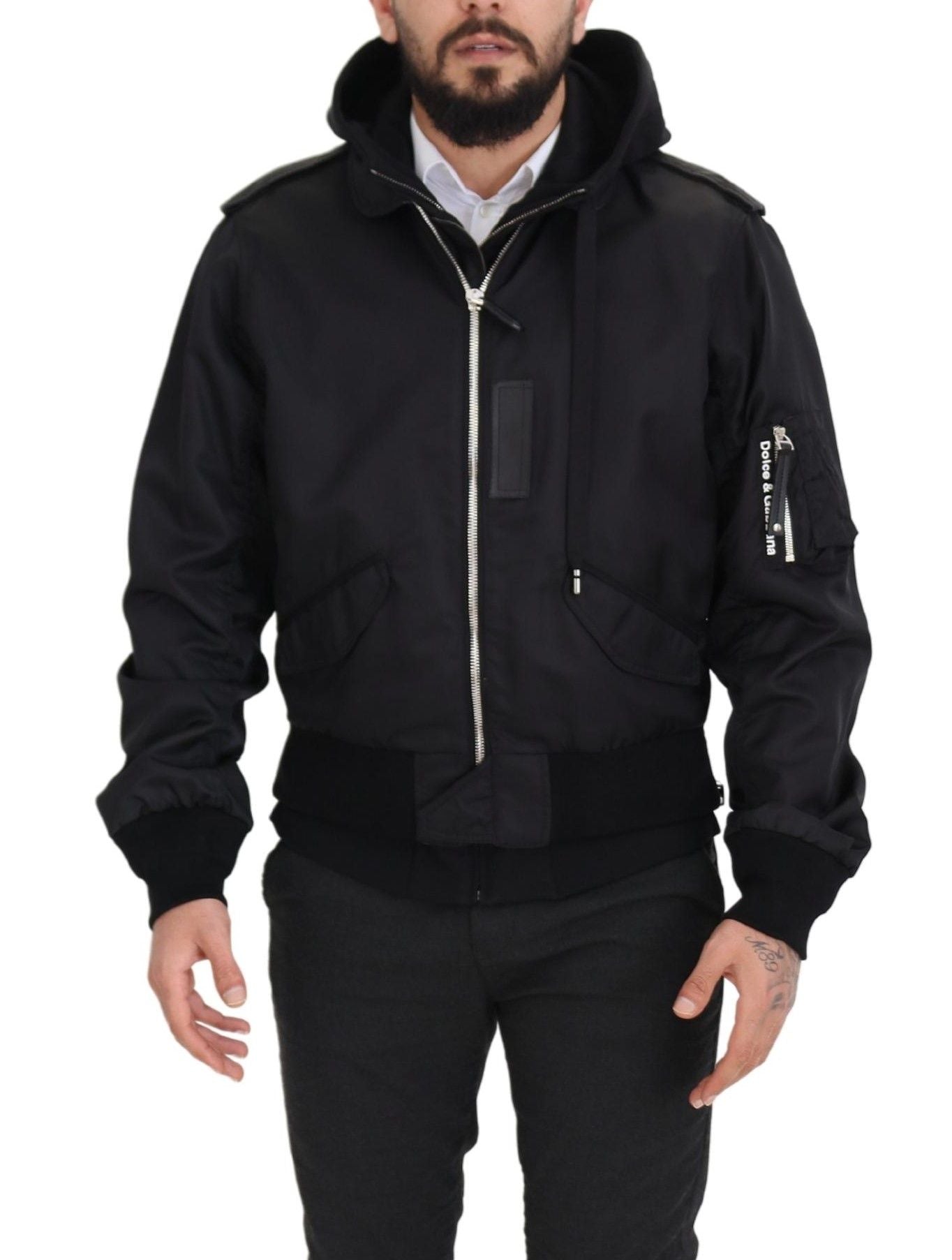 Schwarzes Nylon mit Kapuze und durchgehendem Reißverschluss Männer Mantel Jacke