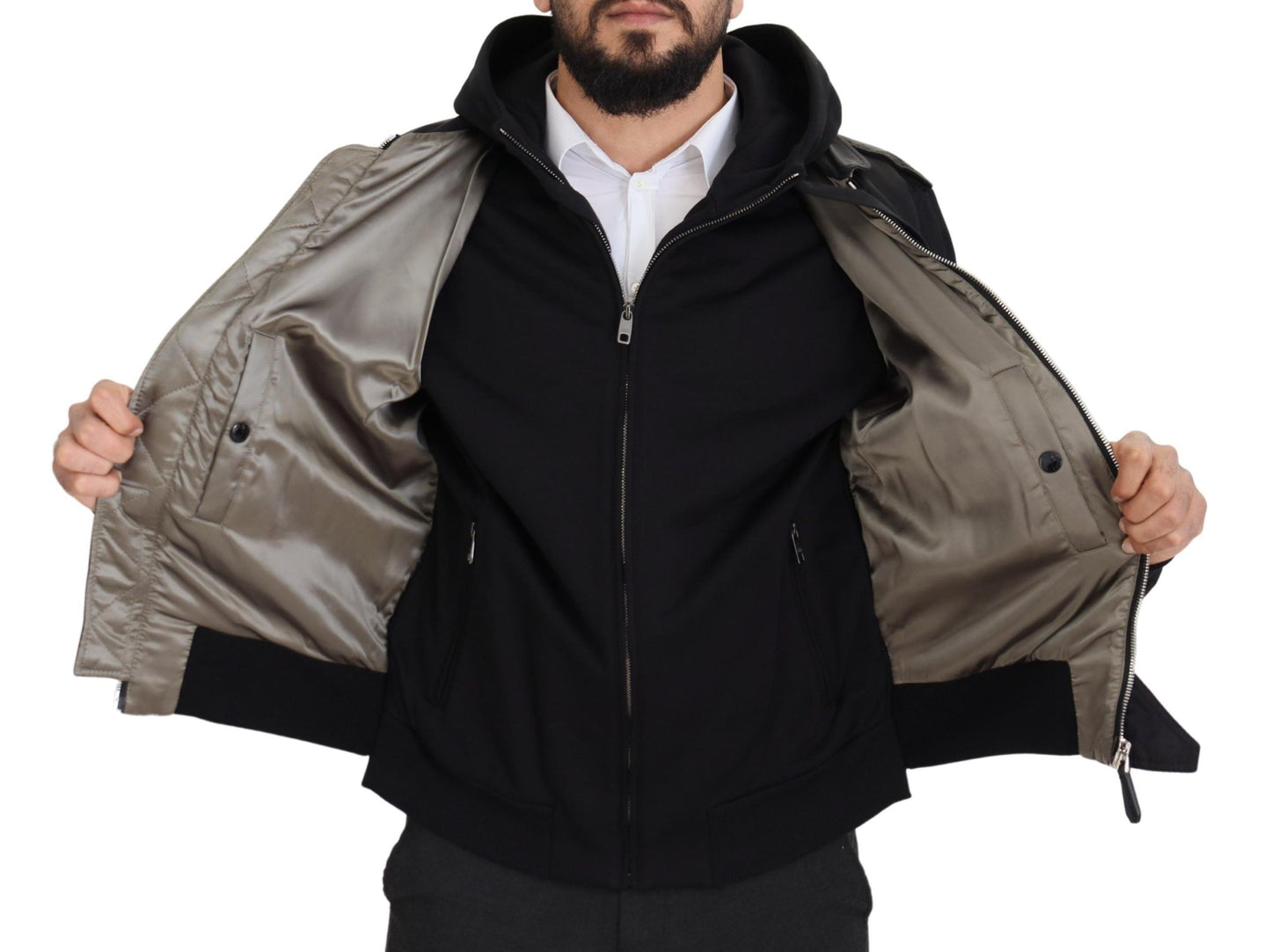 Schwarzes Nylon mit Kapuze und durchgehendem Reißverschluss Männer Mantel Jacke