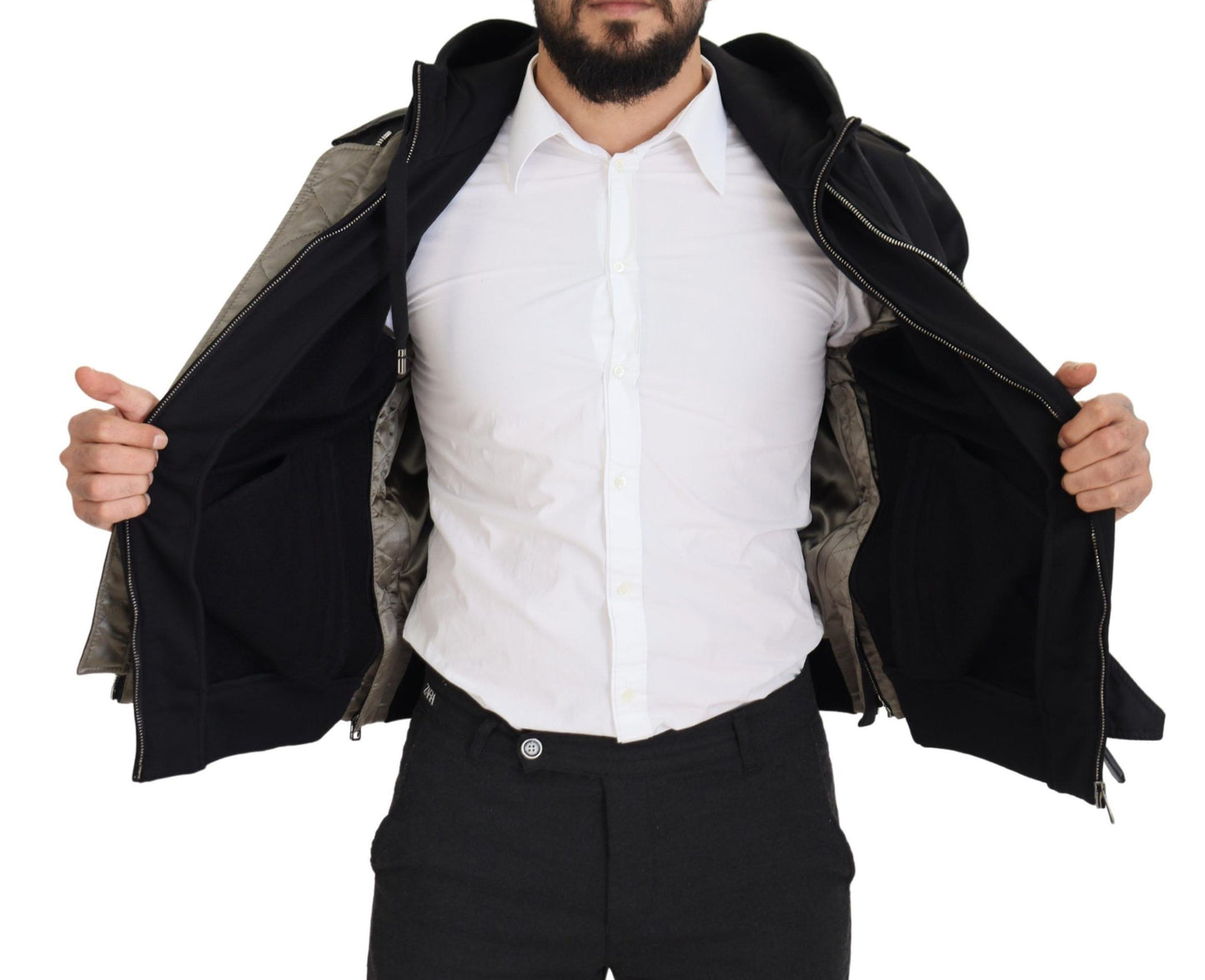 Schwarzes Nylon mit Kapuze und durchgehendem Reißverschluss Männer Mantel Jacke