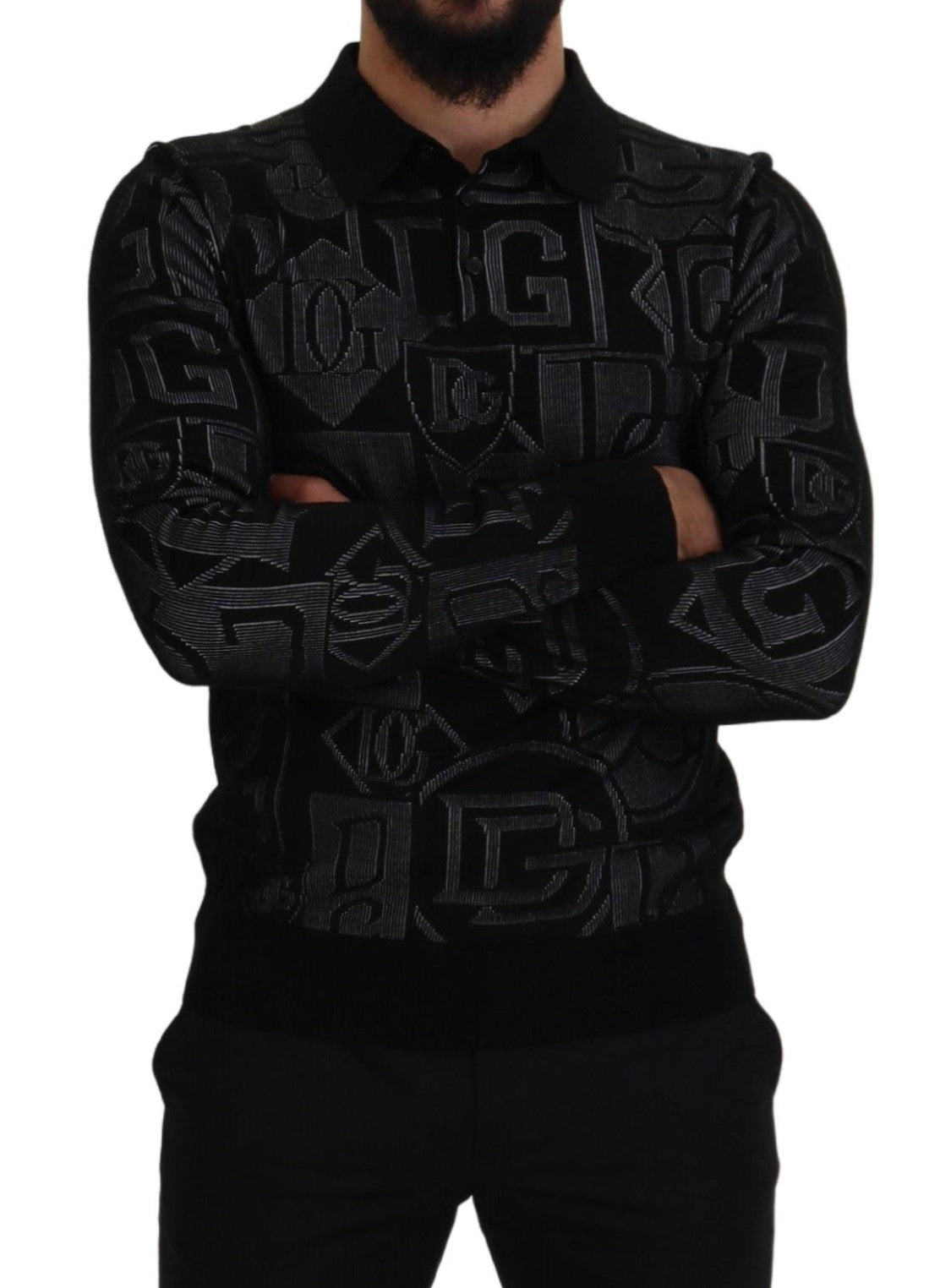 Schwarzer Seidenpullover mit Logo-Kragen