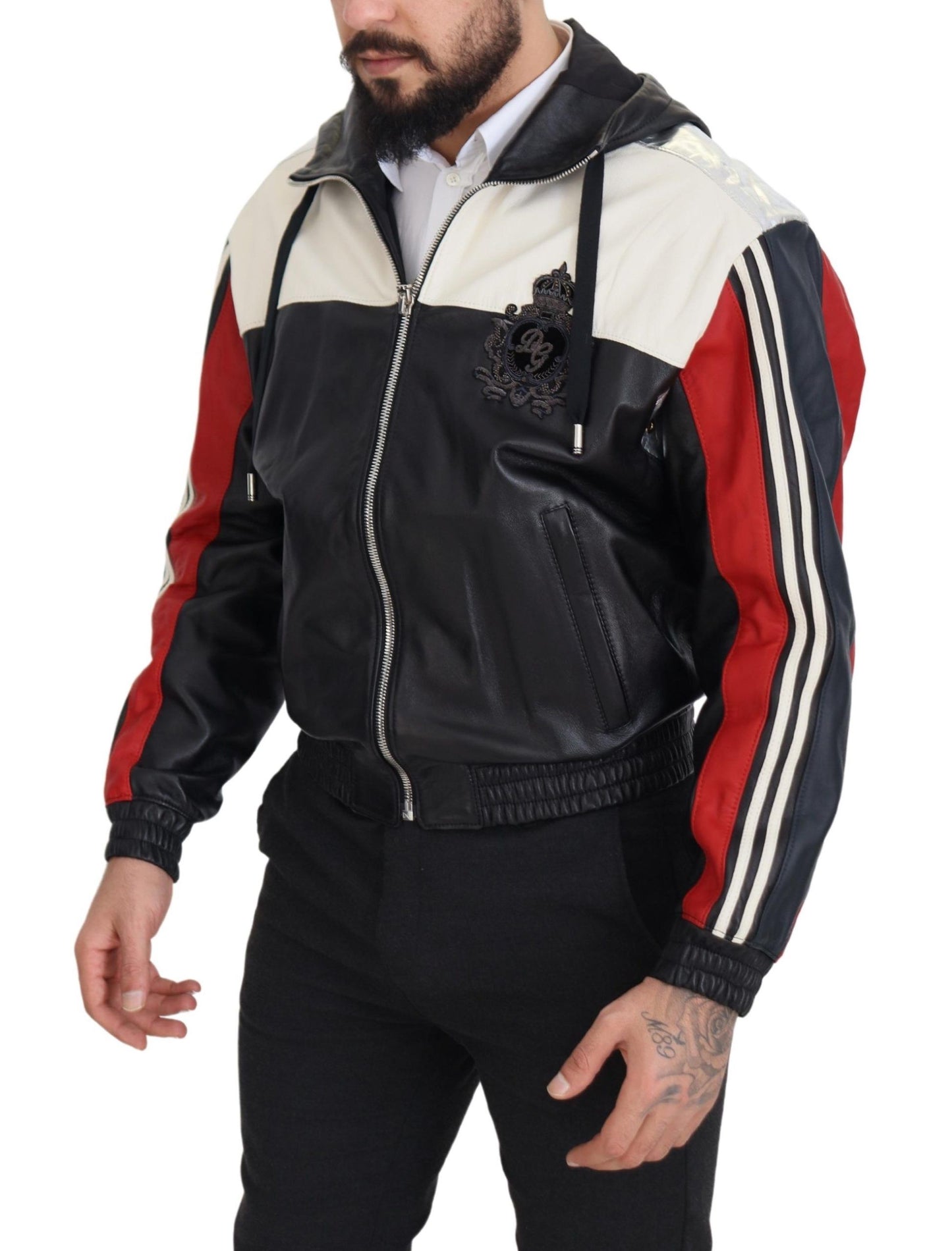 Schwarzer Leder Blousonmantel mit Kapuze Jacke