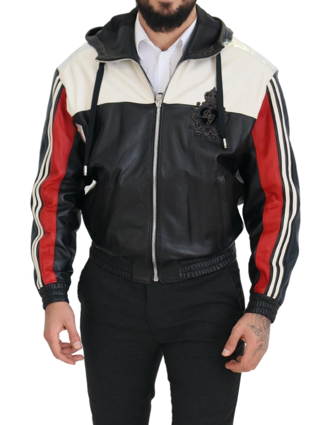 Schwarzer Leder Blousonmantel mit Kapuze Jacke