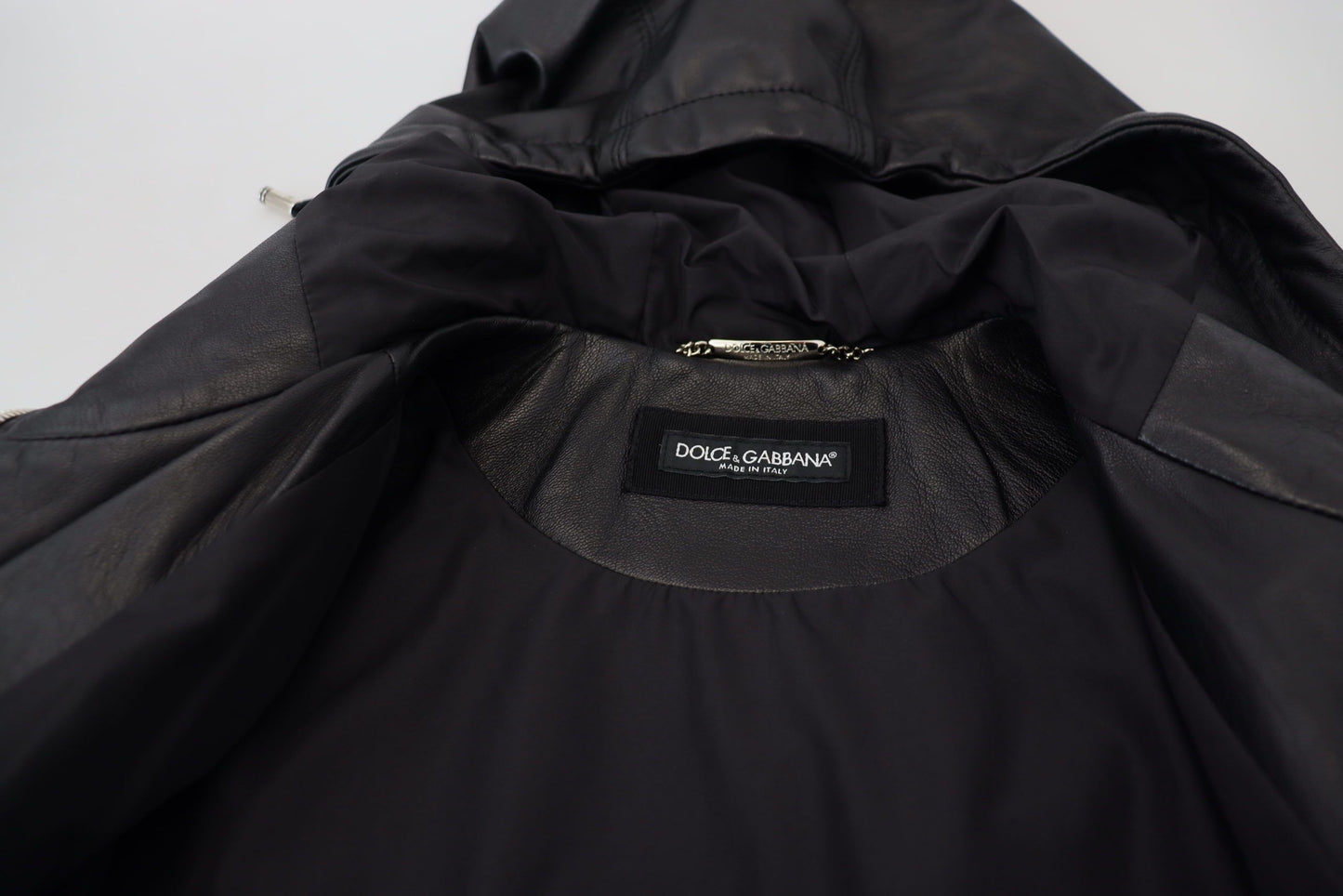 Schwarzer Leder Blousonmantel mit Kapuze Jacke