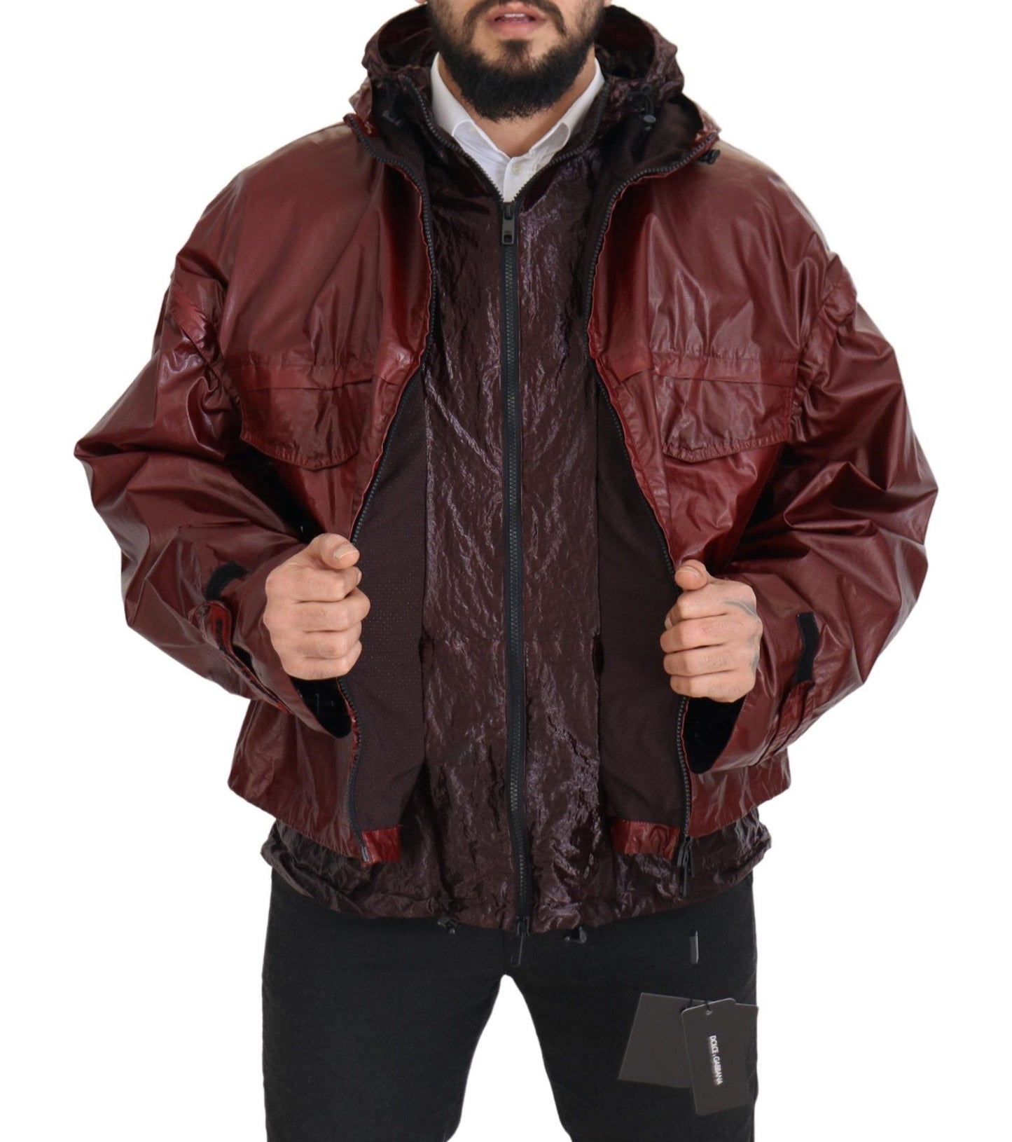 Bordeauxfarbene Baumwolljacke mit Kapuze und Reißverschluss