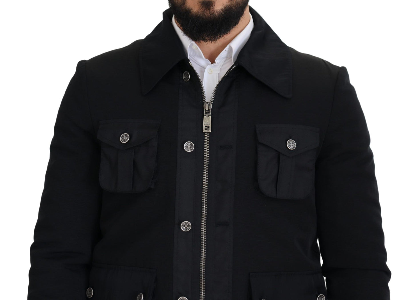 Schwarze Jacke mit durchgehendem Reißverschluss und Kragen aus Wolle
