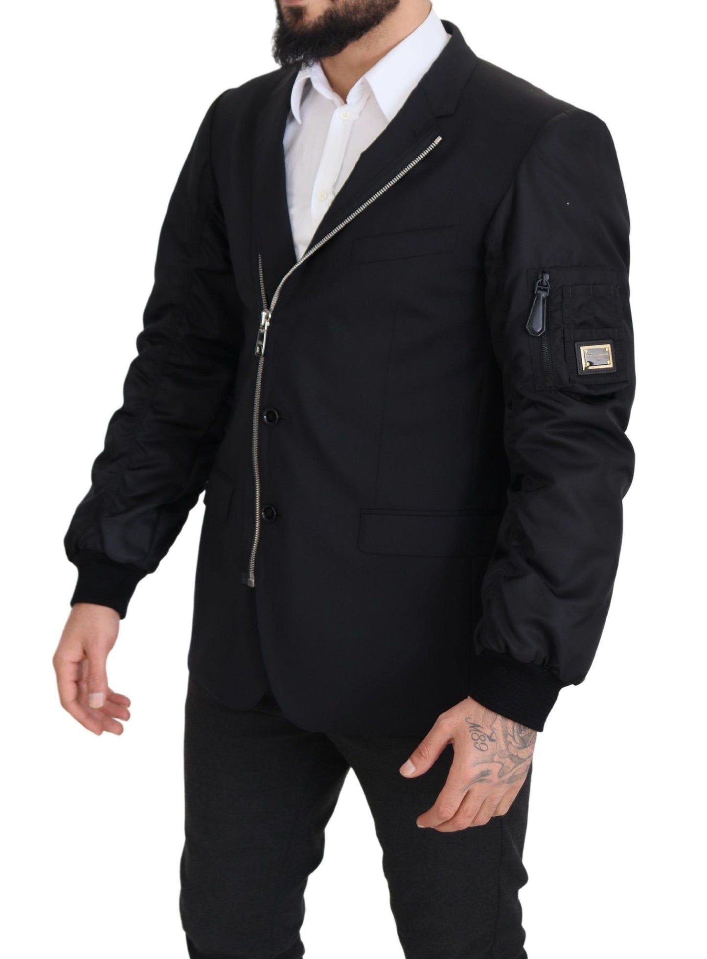 Schwarze Jacke mit langen Ärmeln und durchgehendem Reißverschluss aus Wolle