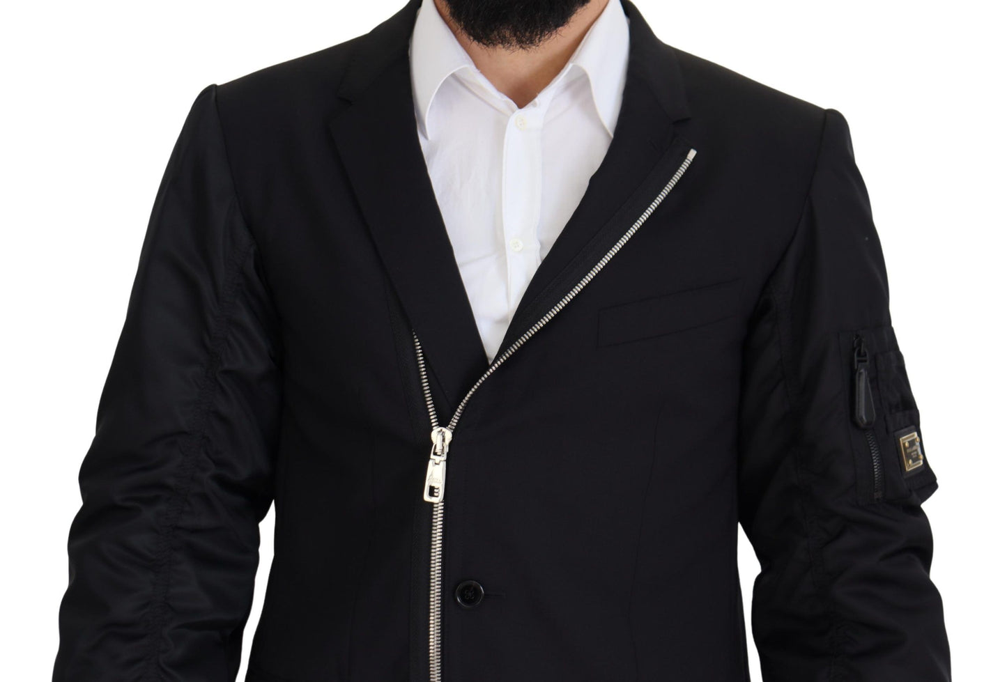 Schwarze Jacke mit langen Ärmeln und durchgehendem Reißverschluss aus Wolle