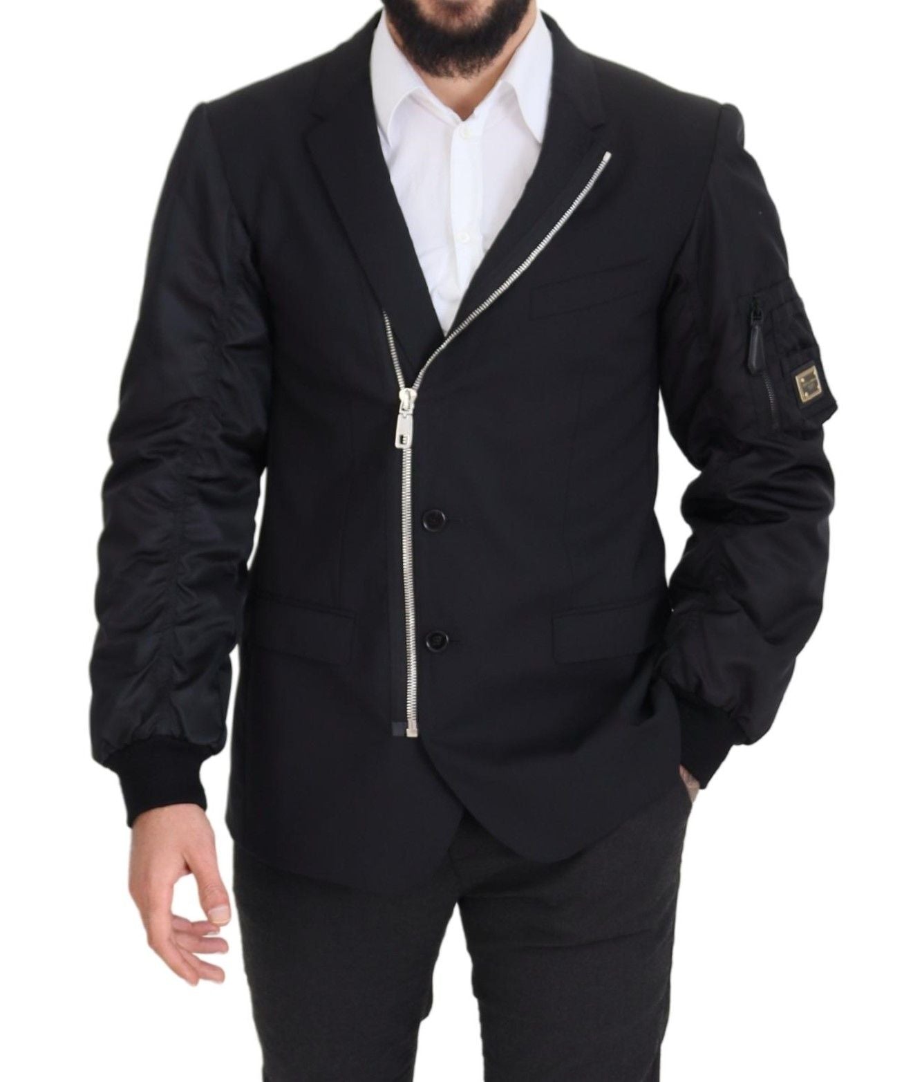 Schwarze Jacke mit langen Ärmeln und durchgehendem Reißverschluss aus Wolle