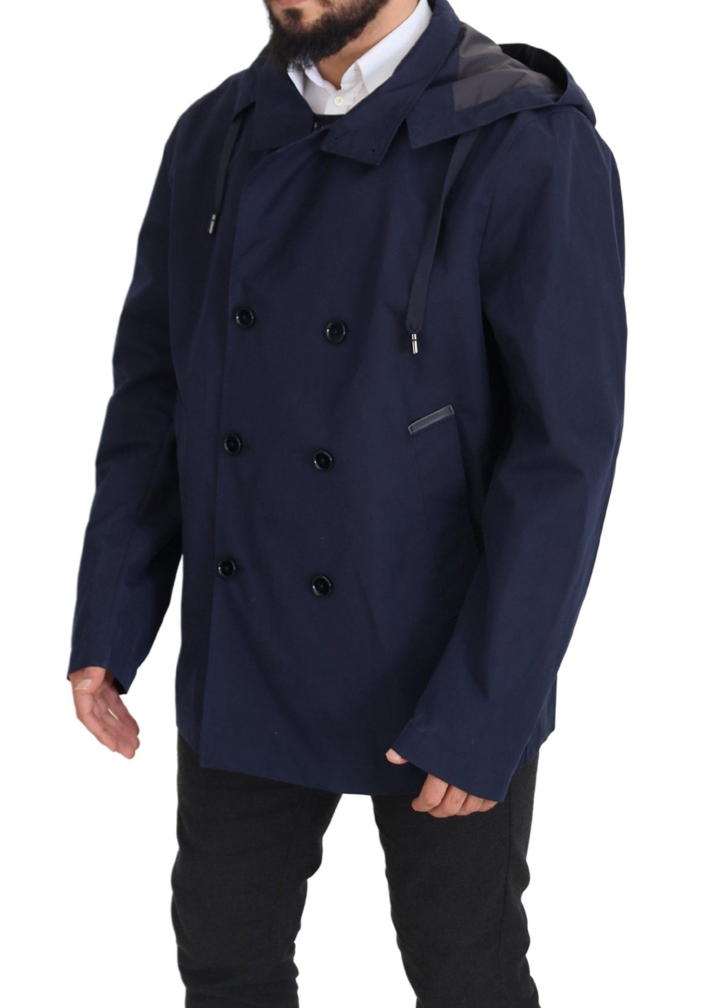 Blauer doppelreihiger Mantel mit Kapuze Jacke