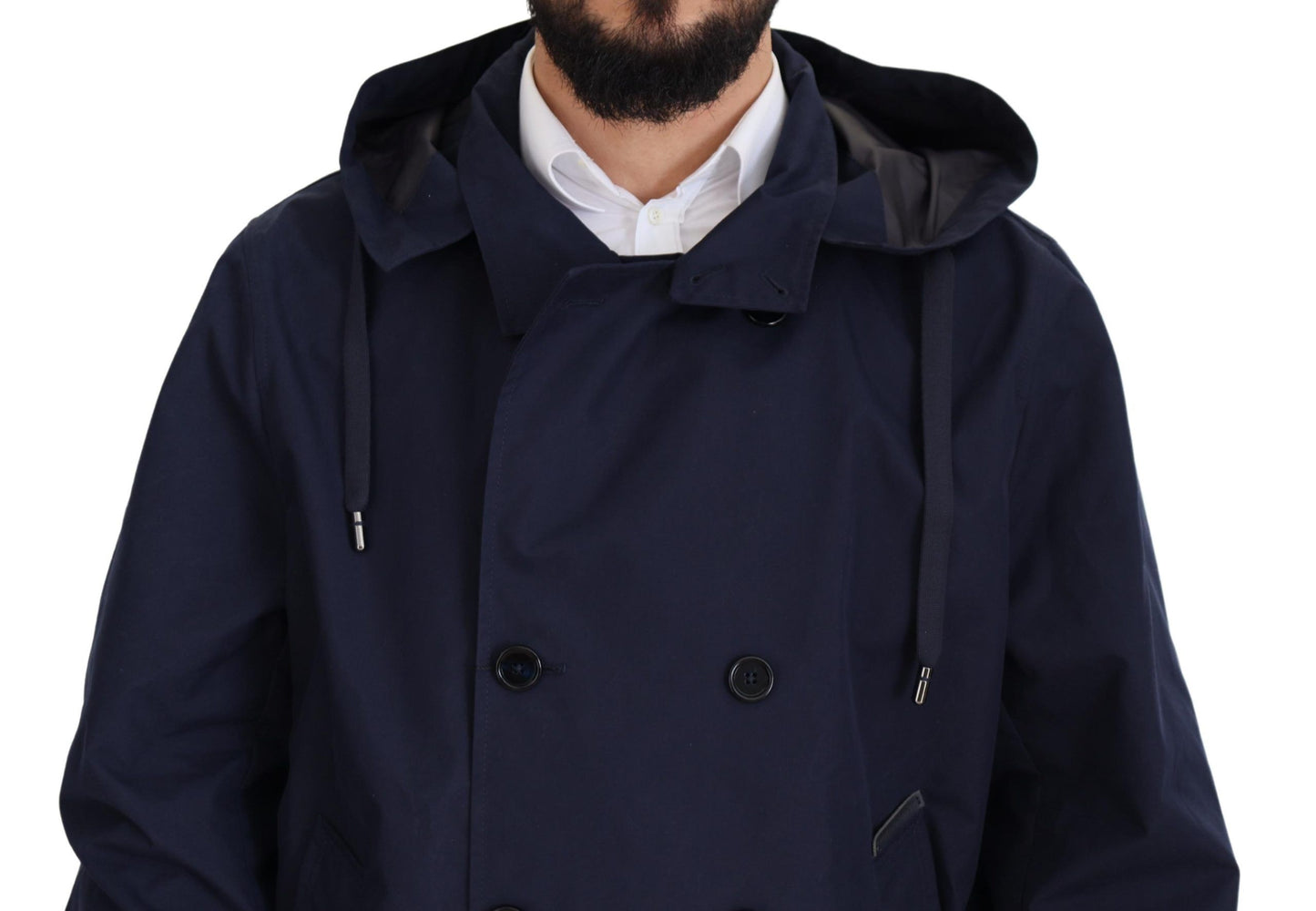 Blauer doppelreihiger Mantel mit Kapuze Jacke