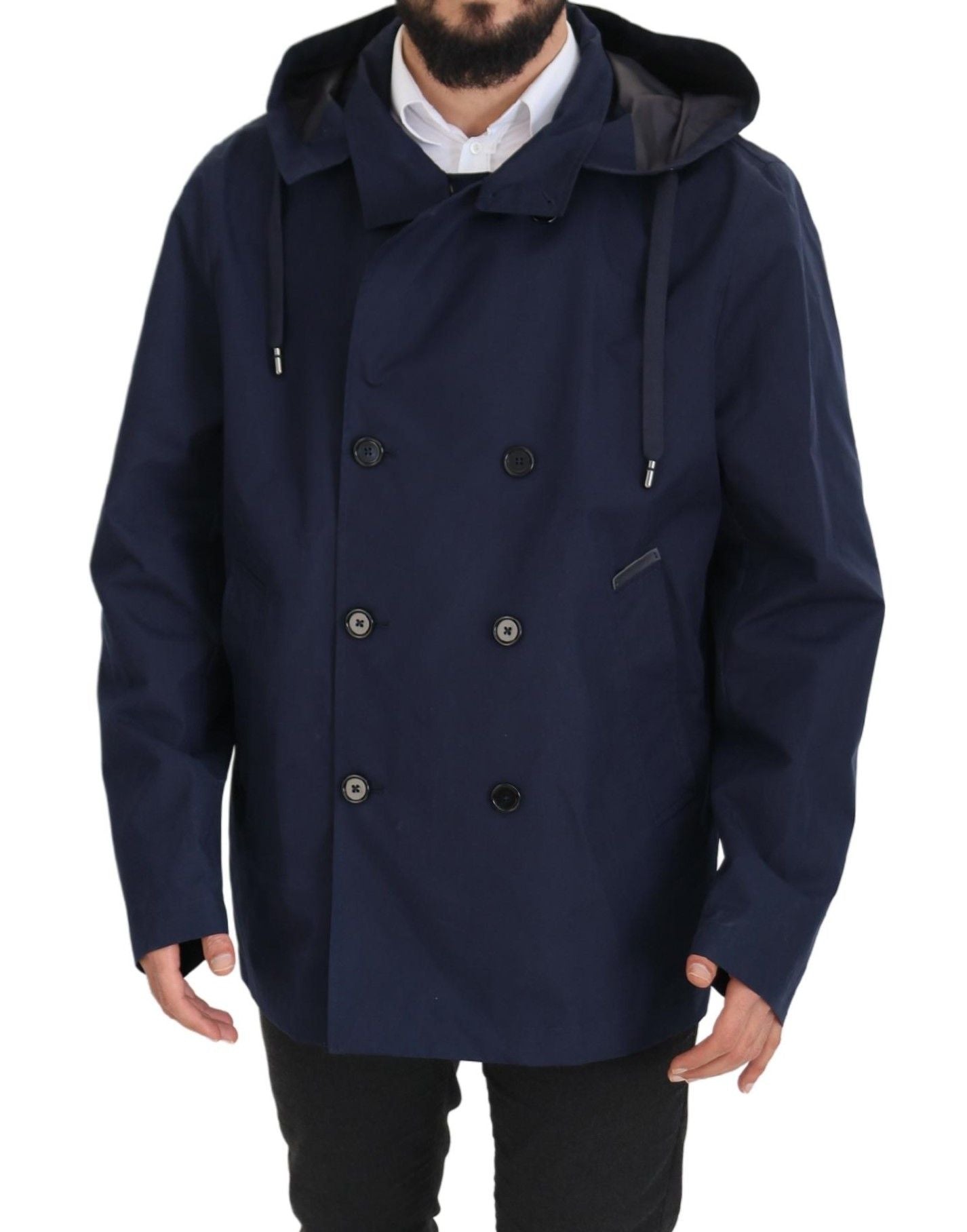 Blauer doppelreihiger Mantel mit Kapuze Jacke