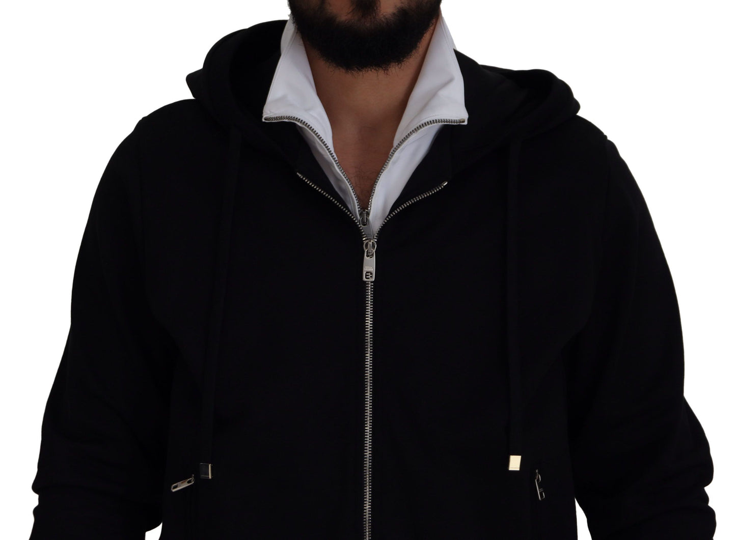 Schwarze Polyester Jacke mit Kapuze und durchgehendem Reißverschluss