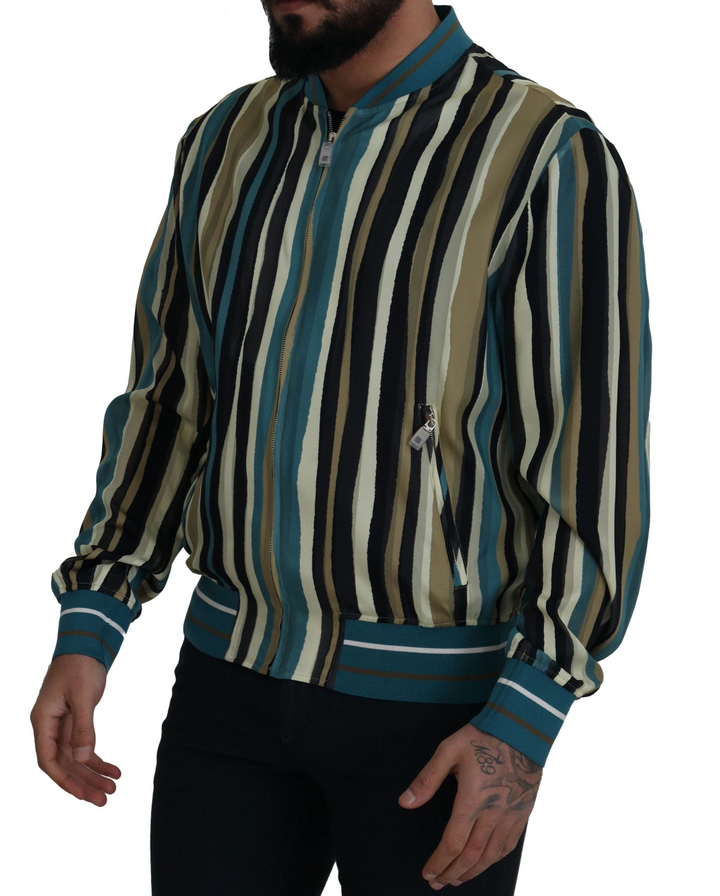 Multicolor Viskose-Streifen Jacke mit durchgehendem Reißverschluss