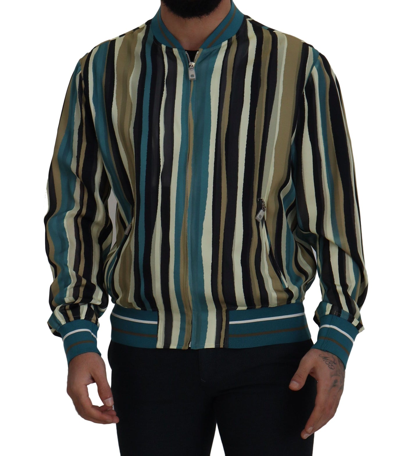Multicolor Viskose-Streifen Jacke mit durchgehendem Reißverschluss