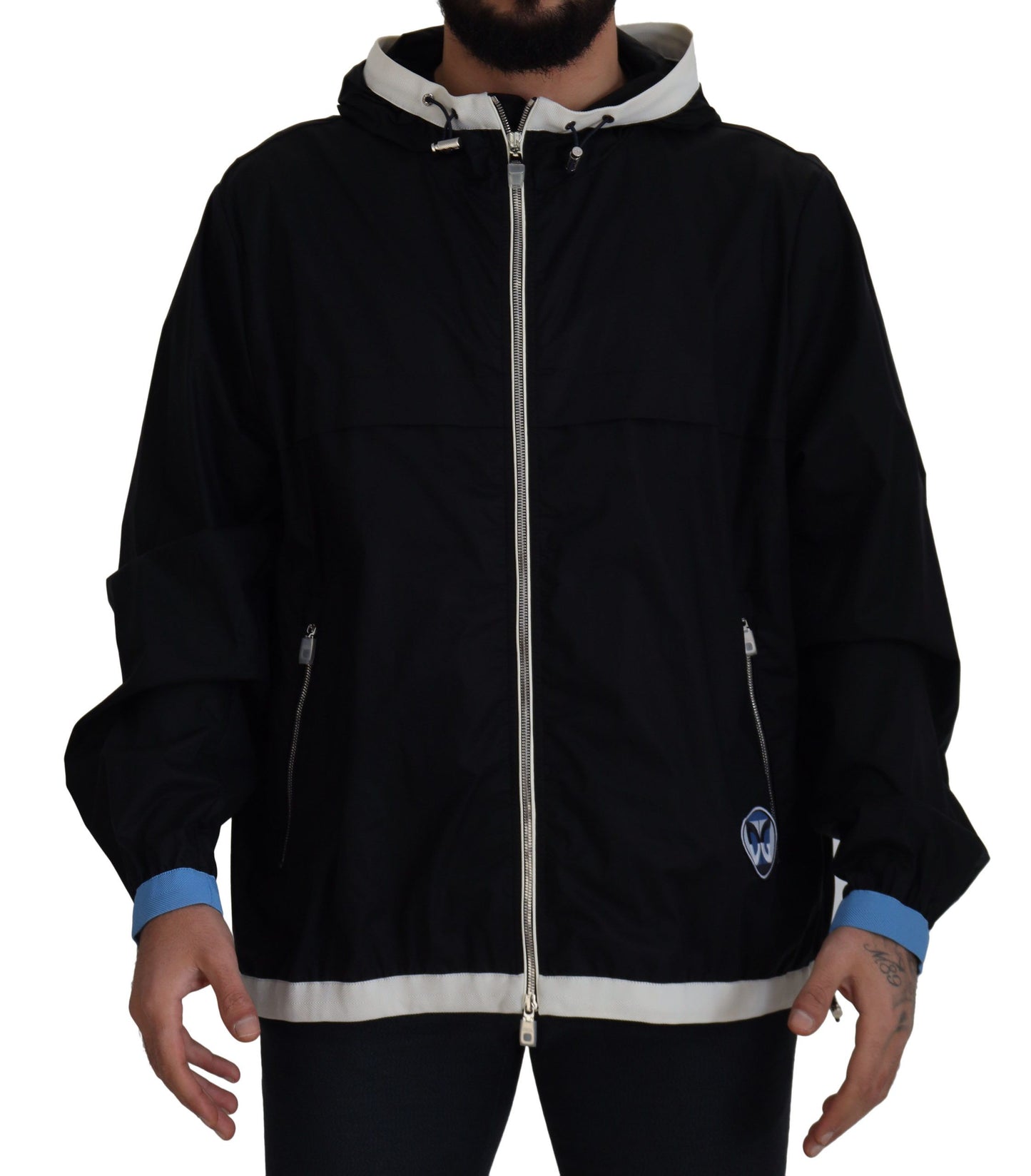 Schwarze Baumwolljacke mit Kapuze und durchgehendem Reißverschluss für Männer