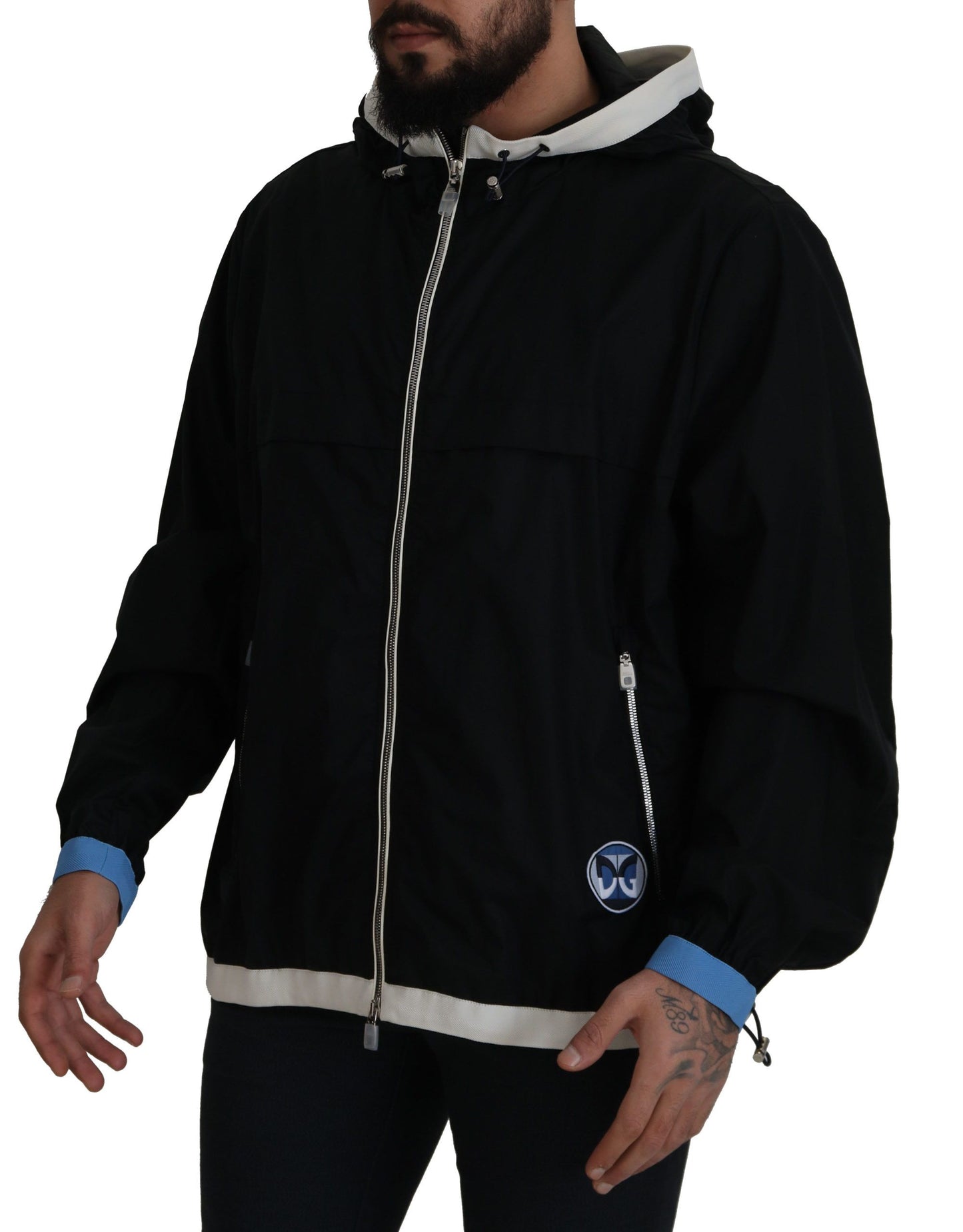Schwarze Baumwolljacke mit Kapuze und durchgehendem Reißverschluss für Männer