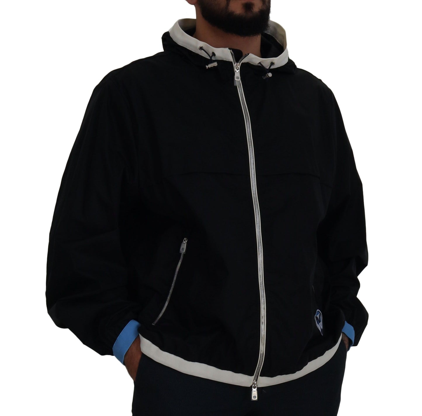 Schwarze Baumwolljacke mit Kapuze und durchgehendem Reißverschluss für Männer