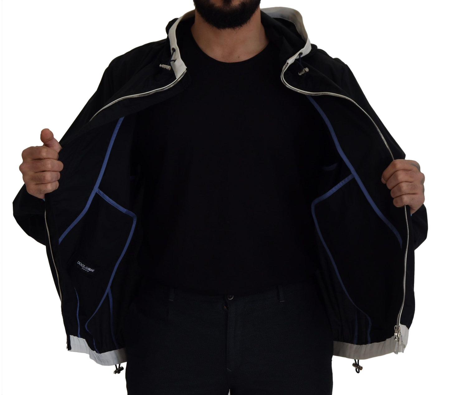 Schwarze Baumwolljacke mit Kapuze und durchgehendem Reißverschluss für Männer