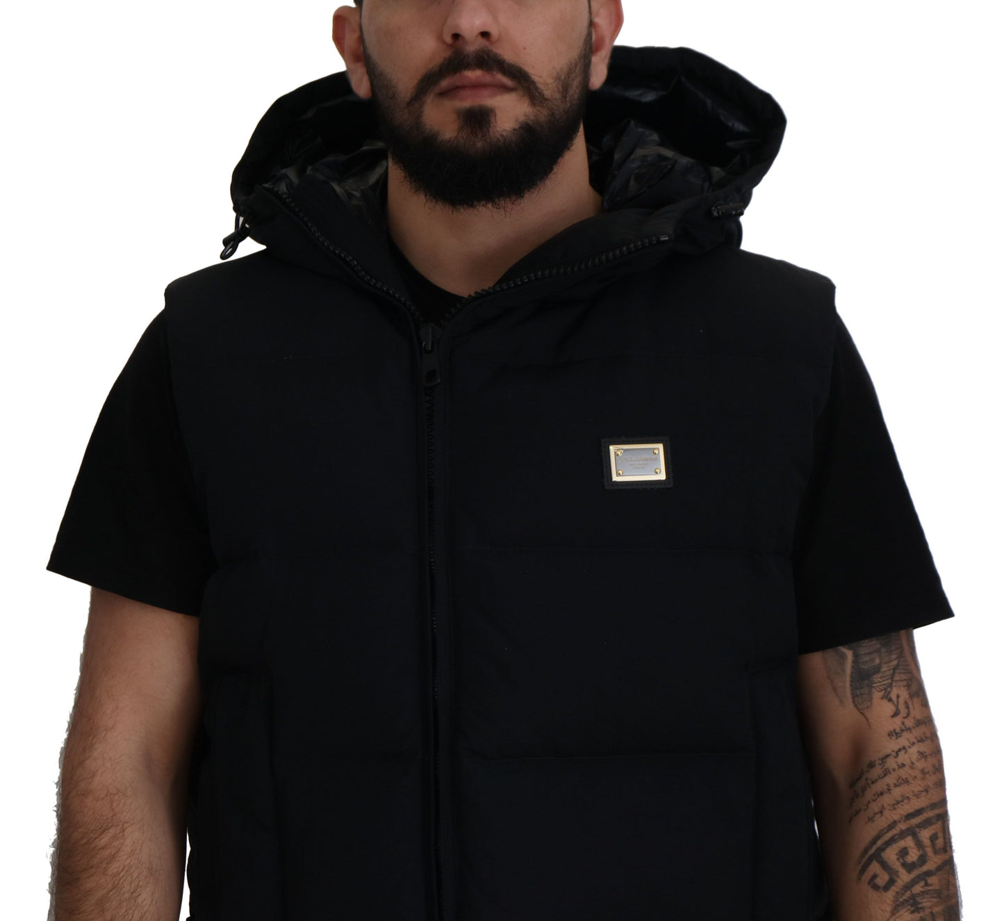 Schwarze Polyester Jacke mit Kapuze und kurzen Ärmeln