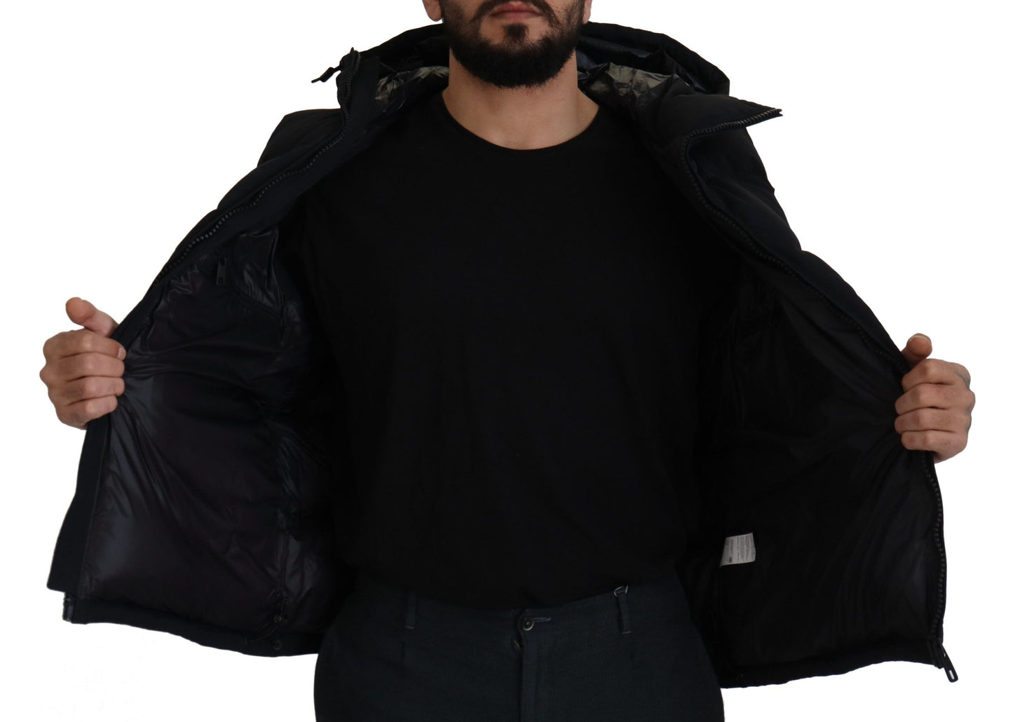 Schwarze Polyester Jacke mit Kapuze und kurzen Ärmeln
