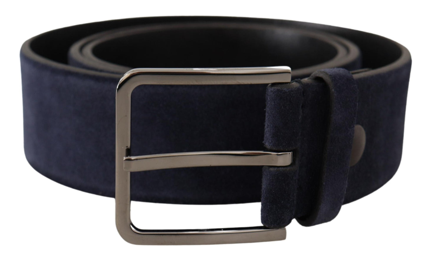 Marineblauer Samtledergürtel mit silberner Logoschnalle