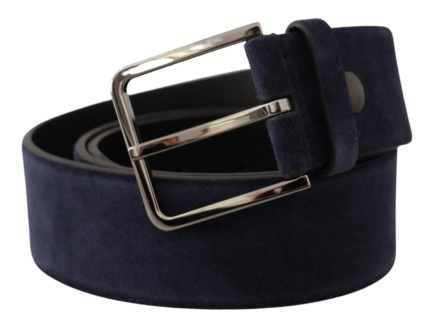 Marineblauer Samtledergürtel mit silberner Logoschnalle