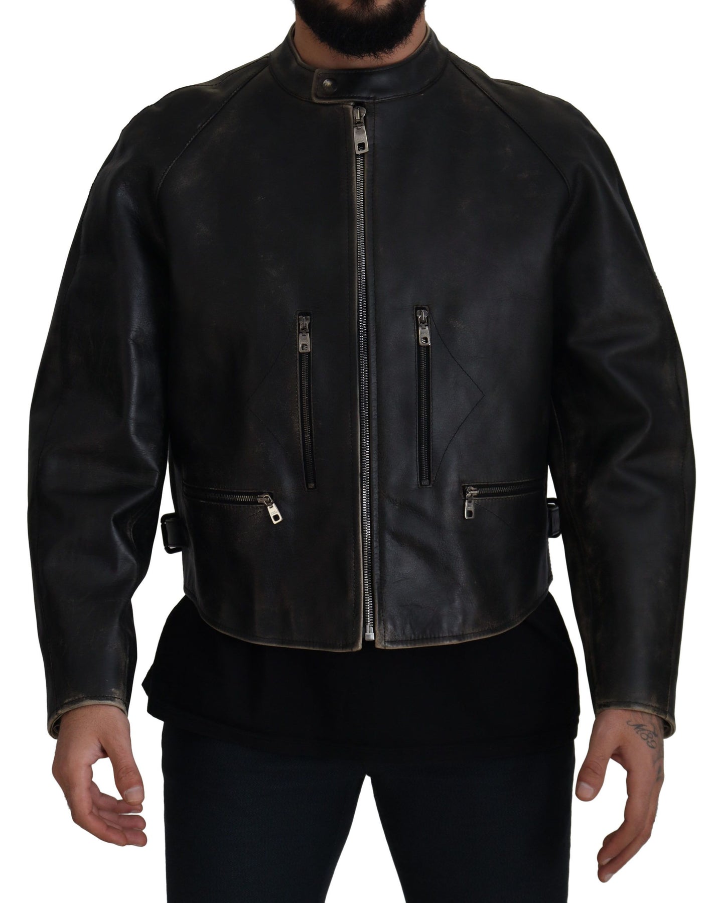 Schwarzer Leder Bikermantel mit Reißverschluss Jacke