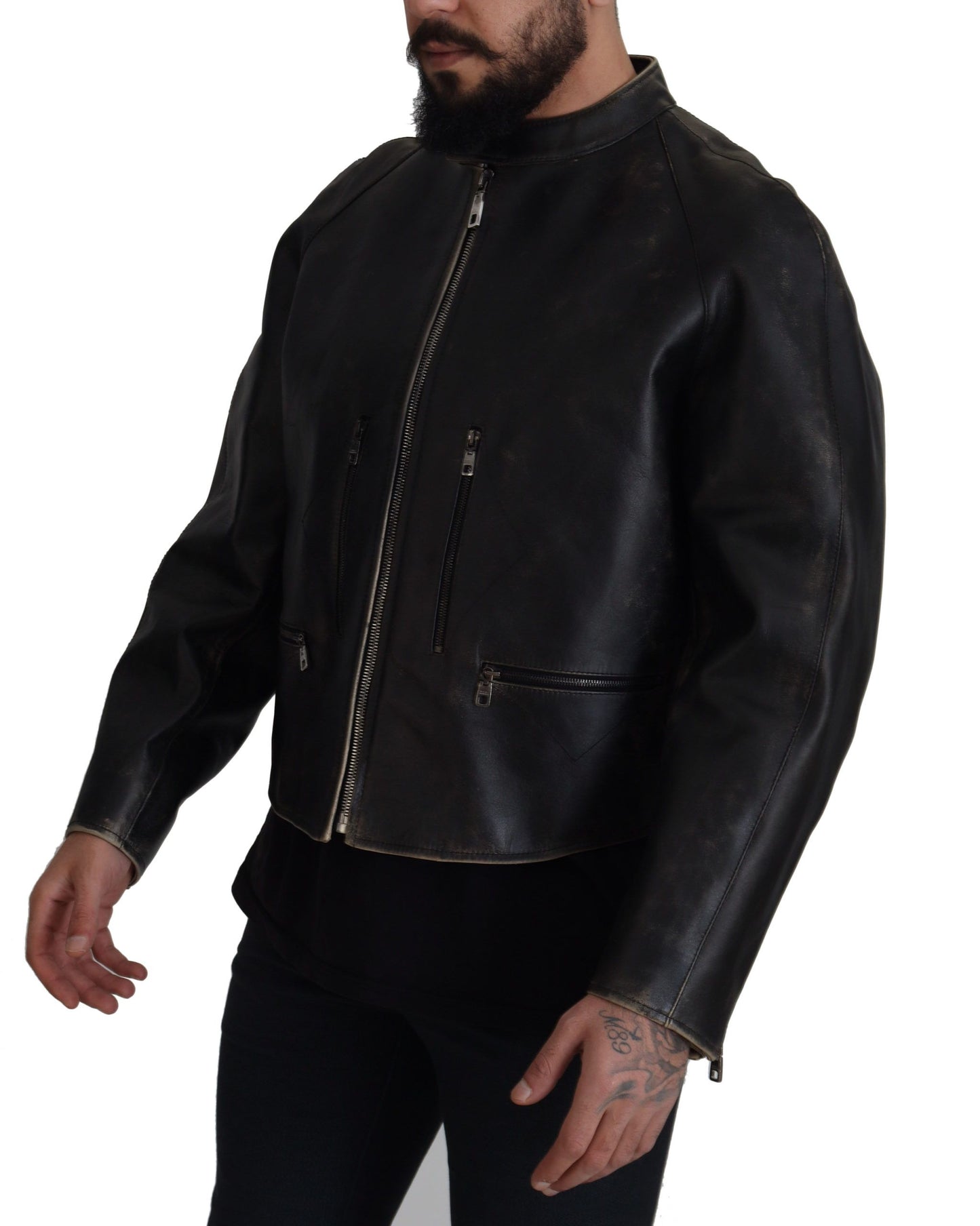 Schwarzer Leder Bikermantel mit Reißverschluss Jacke