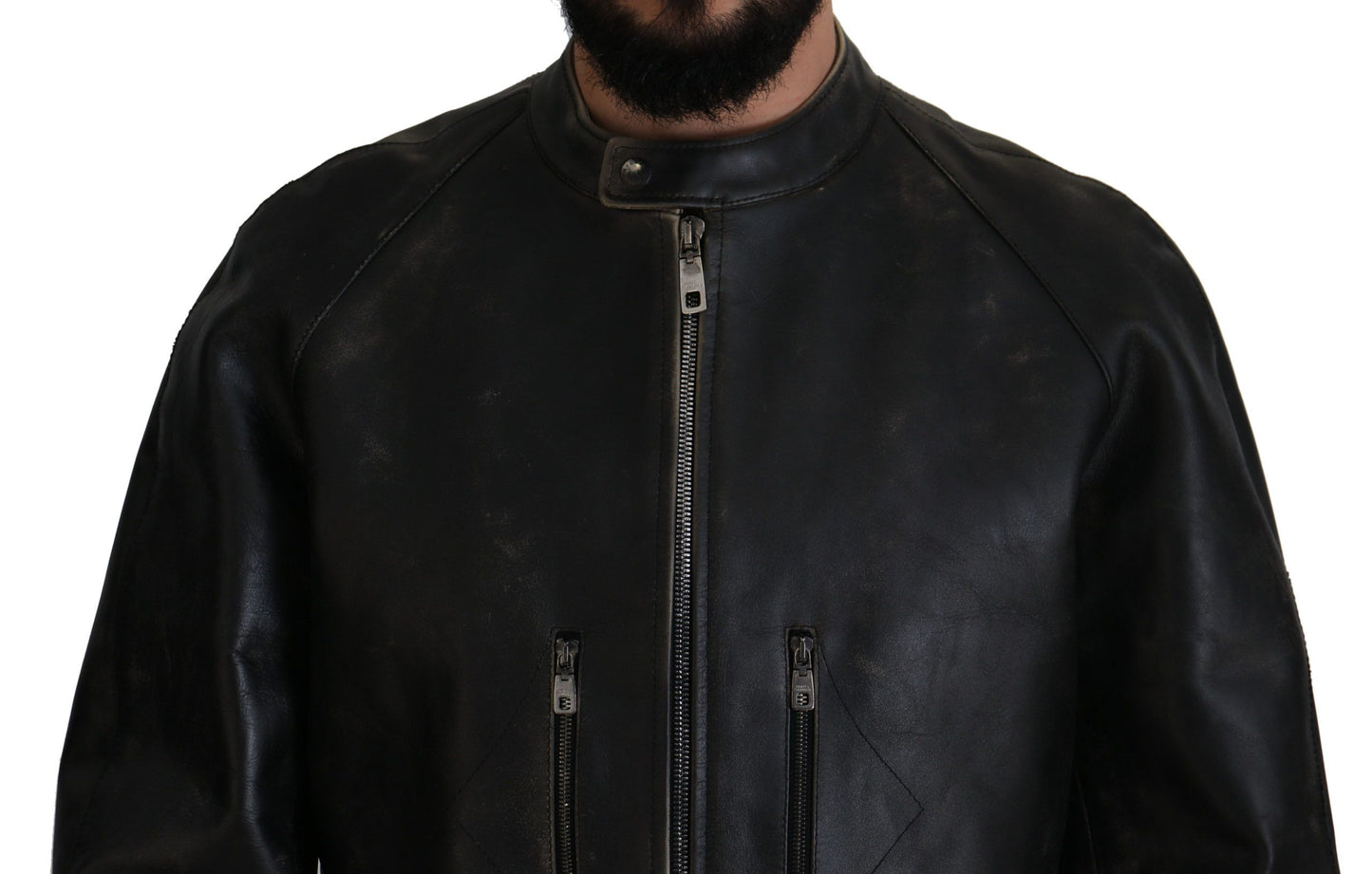 Schwarzer Leder Bikermantel mit Reißverschluss Jacke