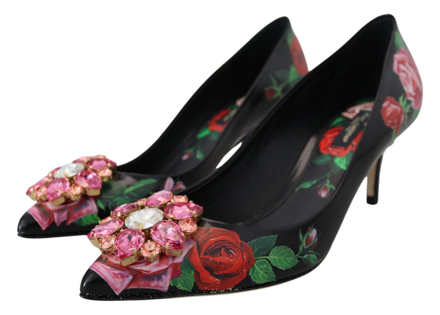 Schwarz Floral Print Crystal Heels Pumps Schuhe