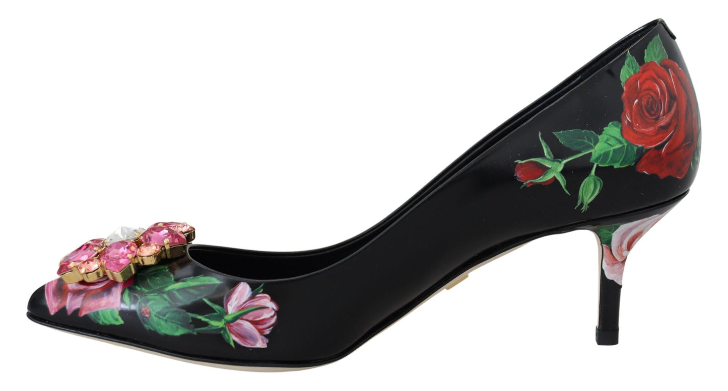 Schwarz Floral Print Crystal Heels Pumps Schuhe