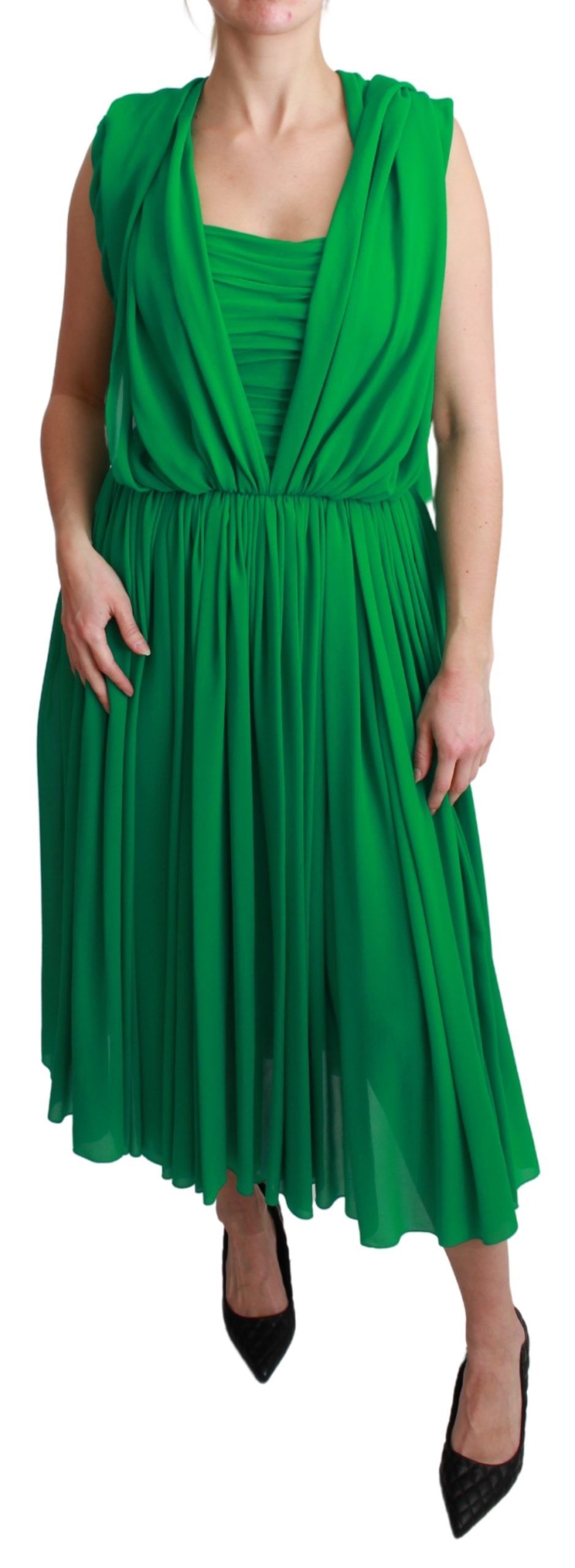 100% Seide Grünes ärmelloses plissiertes Maxikleid
