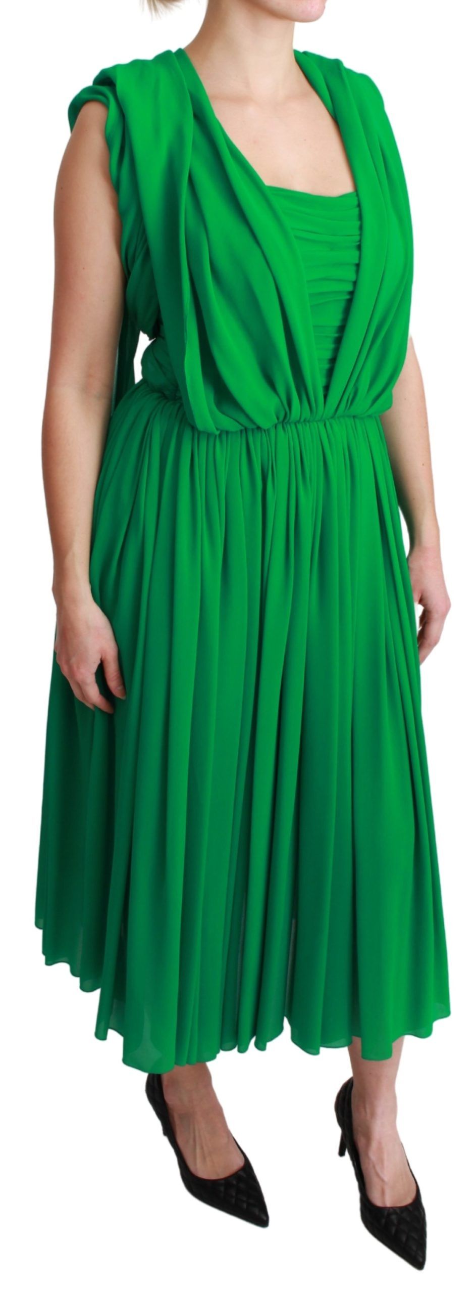 100% Seide Grünes ärmelloses plissiertes Maxikleid