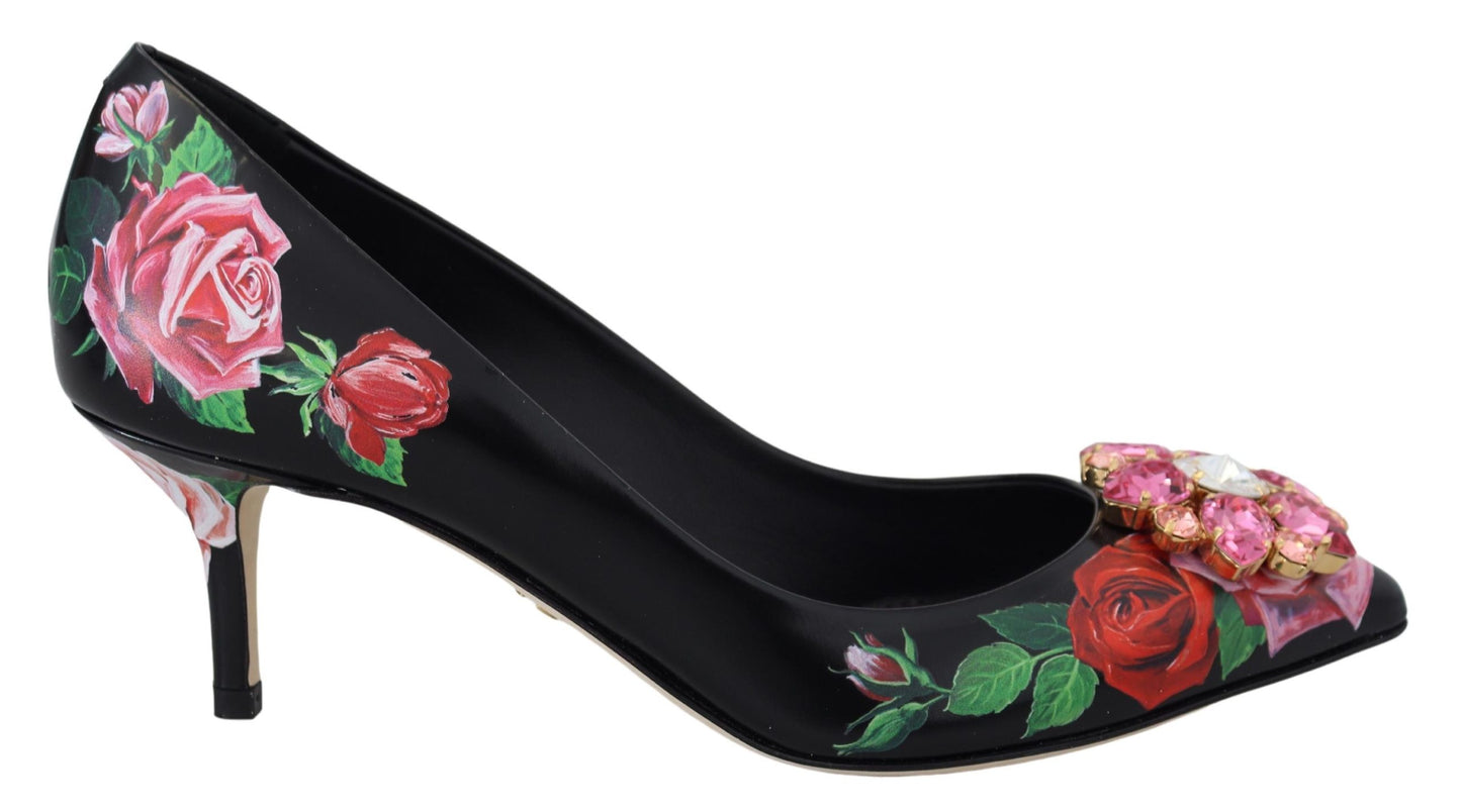 Schwarz Floral Print Crystal Heels Pumps Schuhe