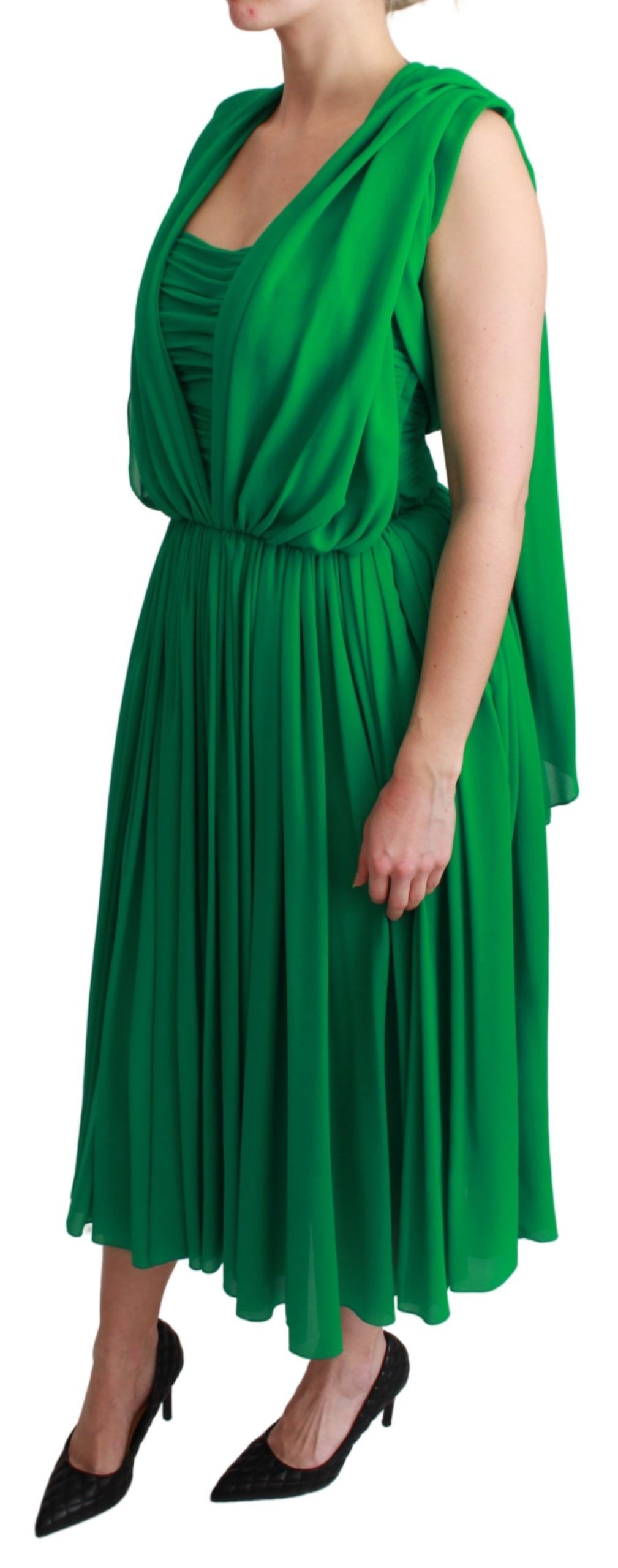 100% Seide Grünes ärmelloses plissiertes Maxikleid