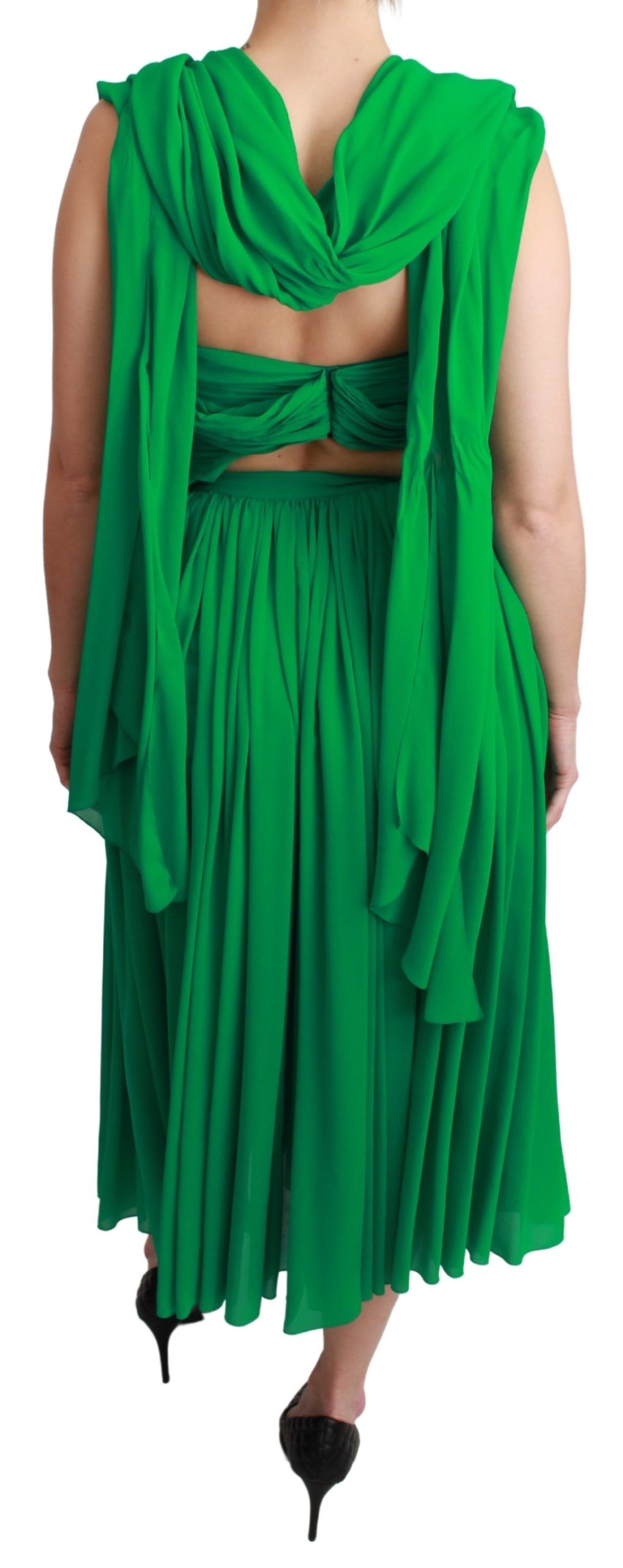 100% Seide Grünes ärmelloses plissiertes Maxikleid