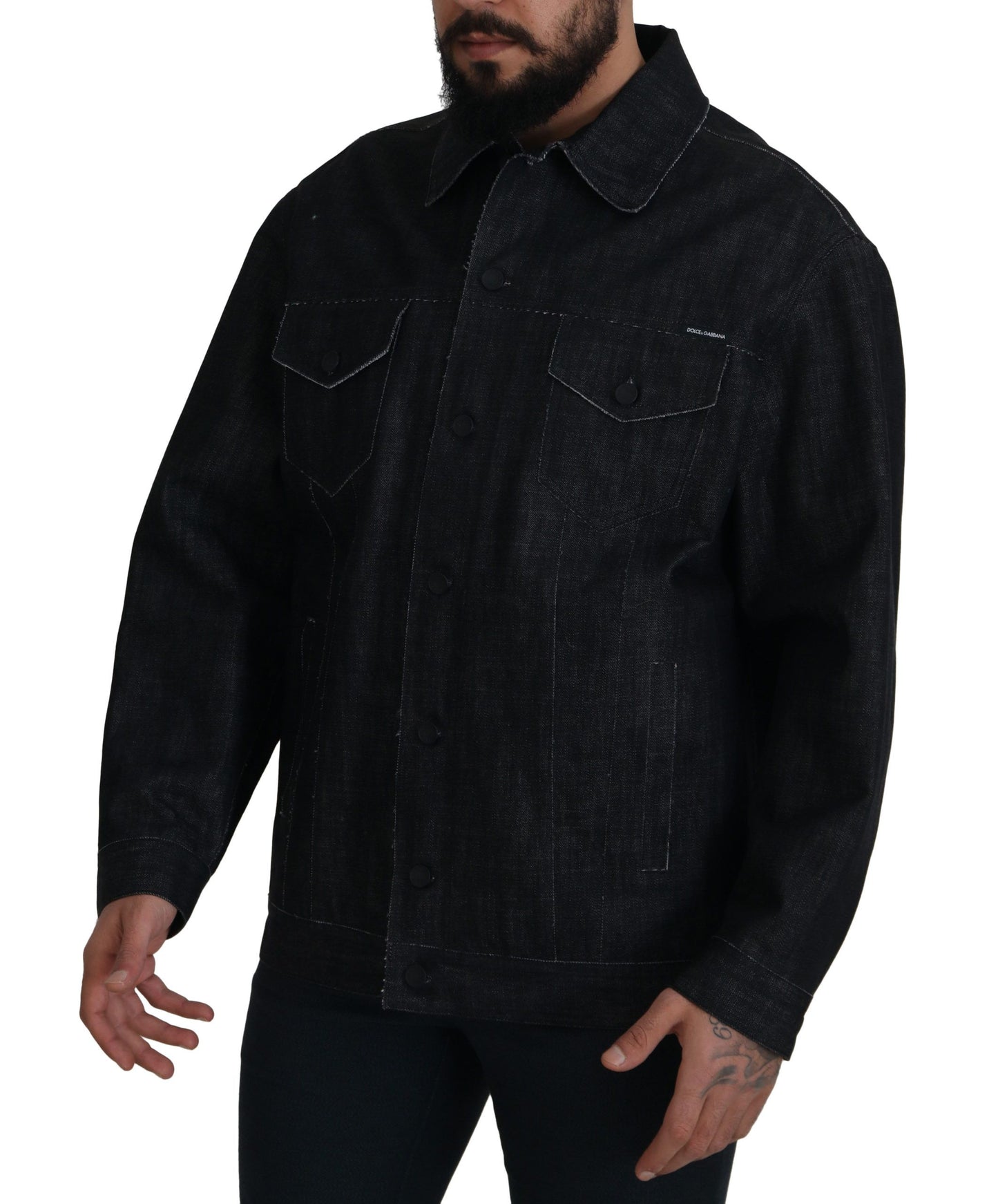 Schwarze Baumwoll-Denimjacke mit Knopfleiste