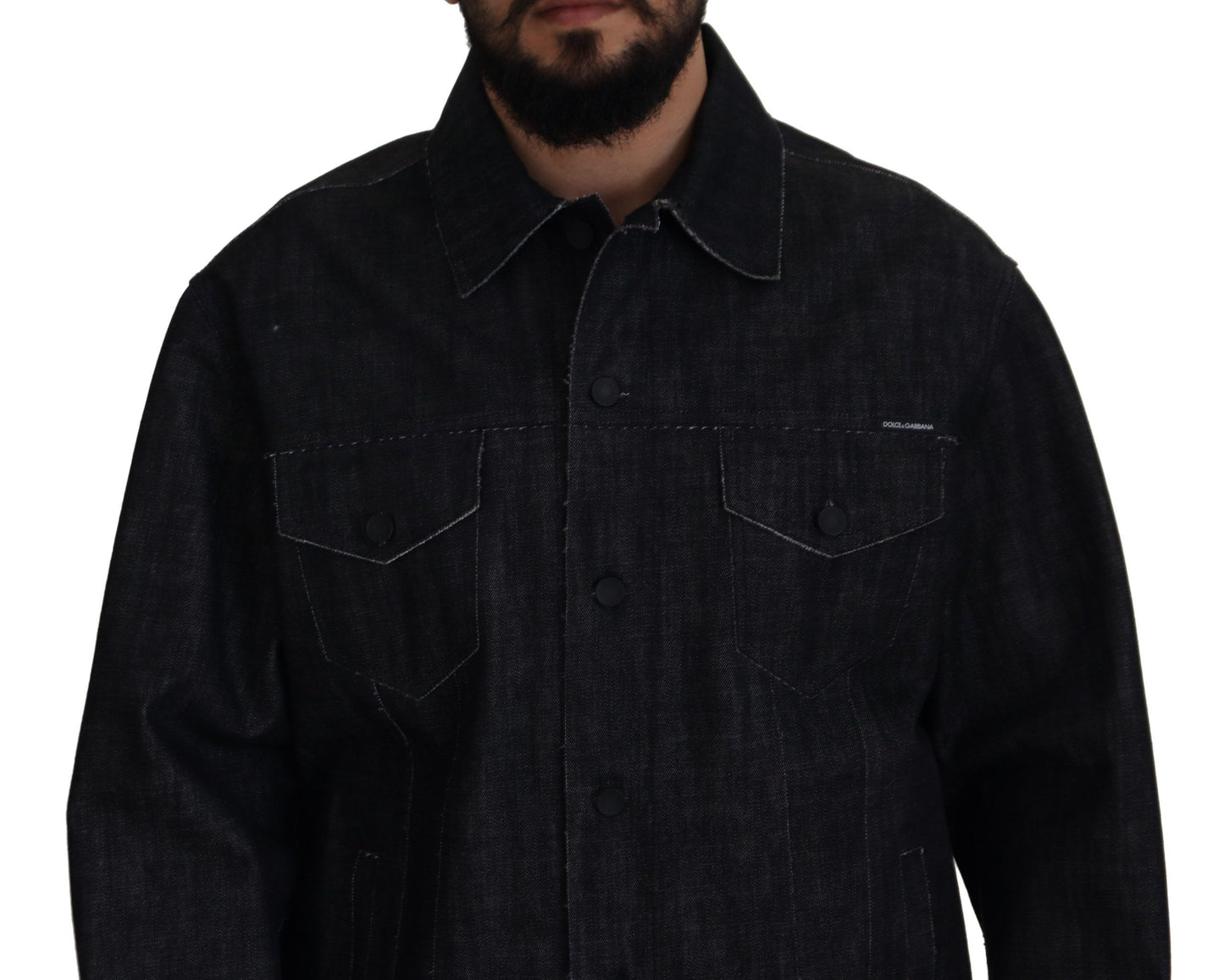 Schwarze Baumwoll-Denimjacke mit Knopfleiste