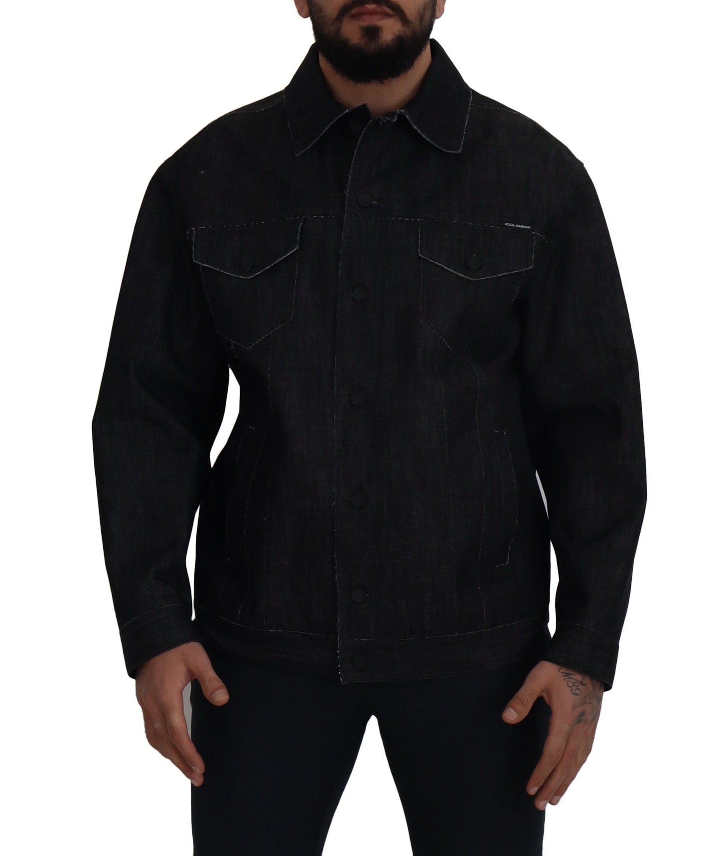 Schwarze Baumwoll-Denimjacke mit Knopfleiste