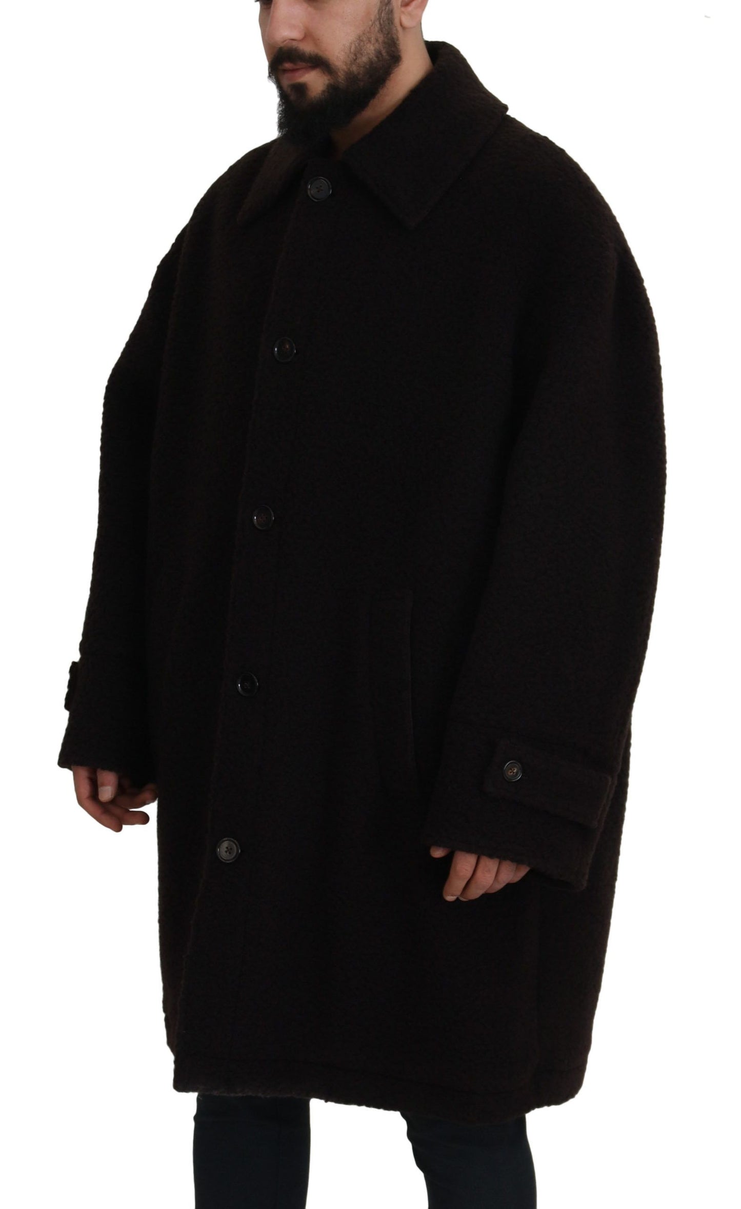 Schwarzer Alpaka Button Down Trenchcoat Jacke