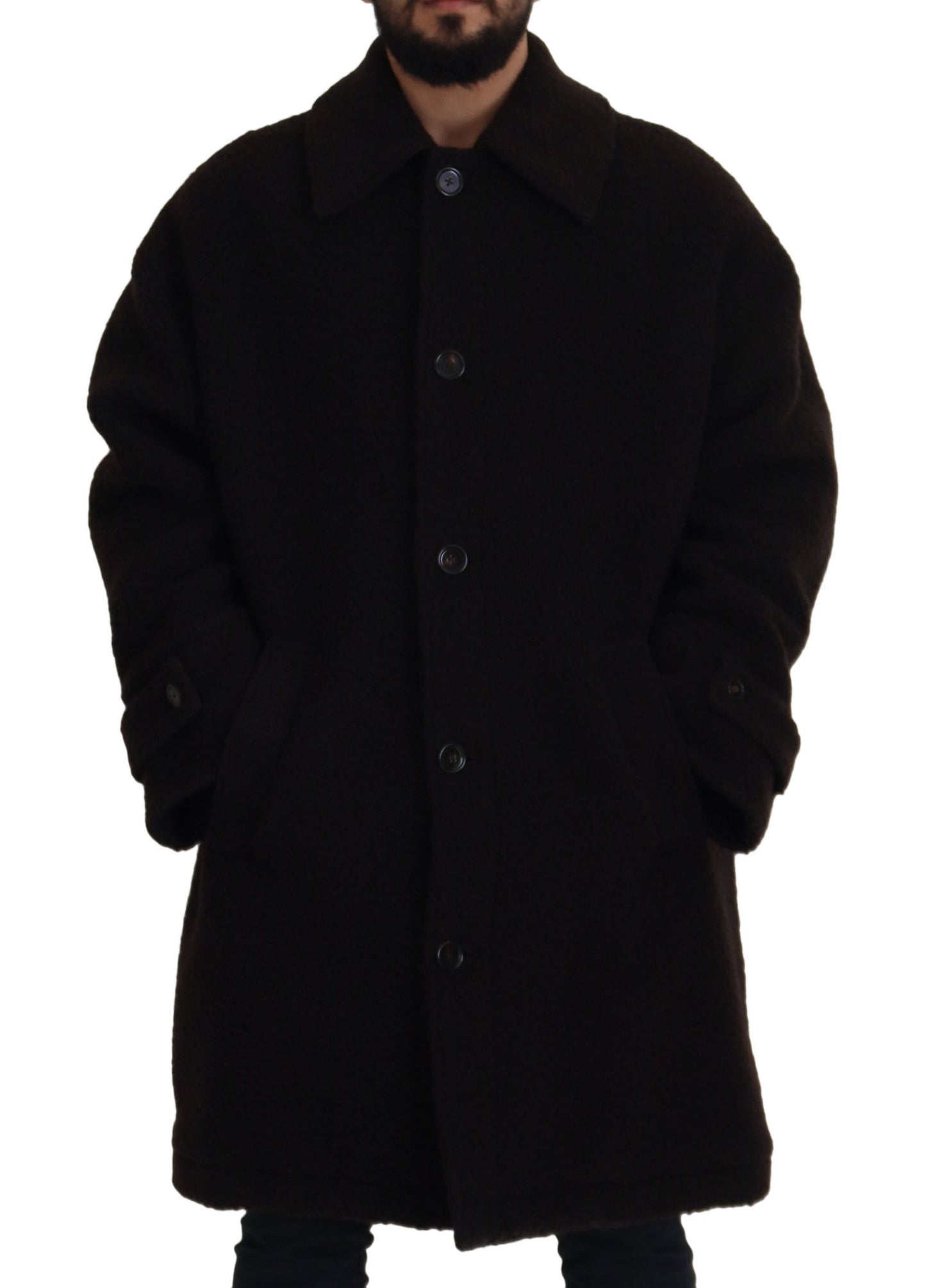 Schwarzer Alpaka Button Down Trenchcoat Jacke