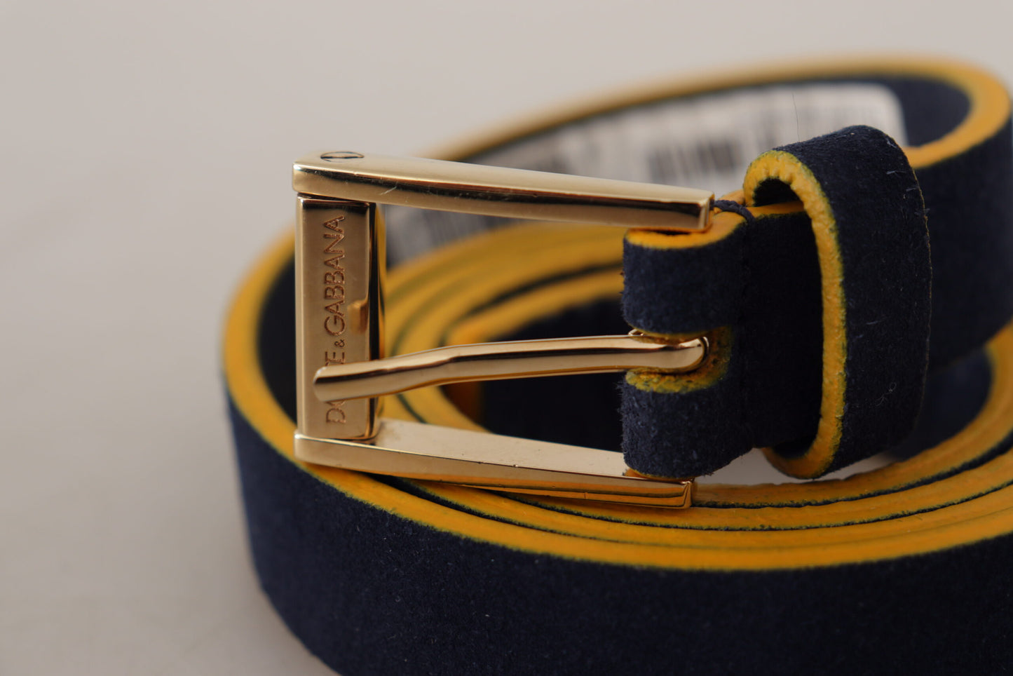 Blaues Wildleder Gelbgold Metall Logo Schnalle Gürtel