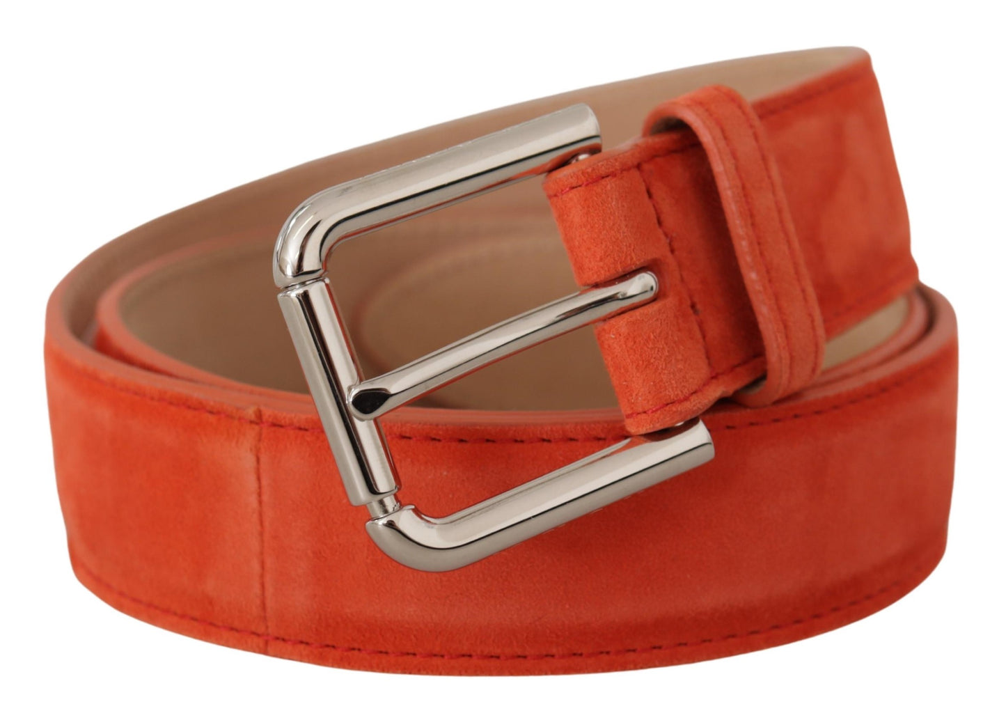 Orangefarbener Leder-Wildleder-Gürtel mit silberner Logo-Metallschnalle