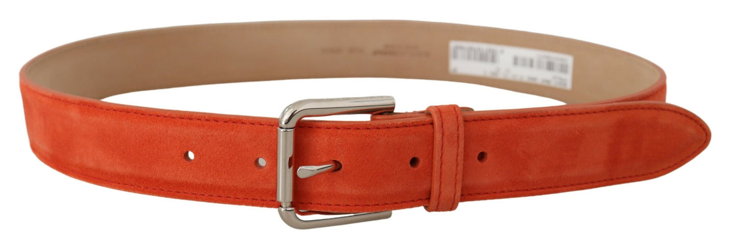 Orangefarbener Leder-Wildleder-Gürtel mit silberner Logo-Metallschnalle