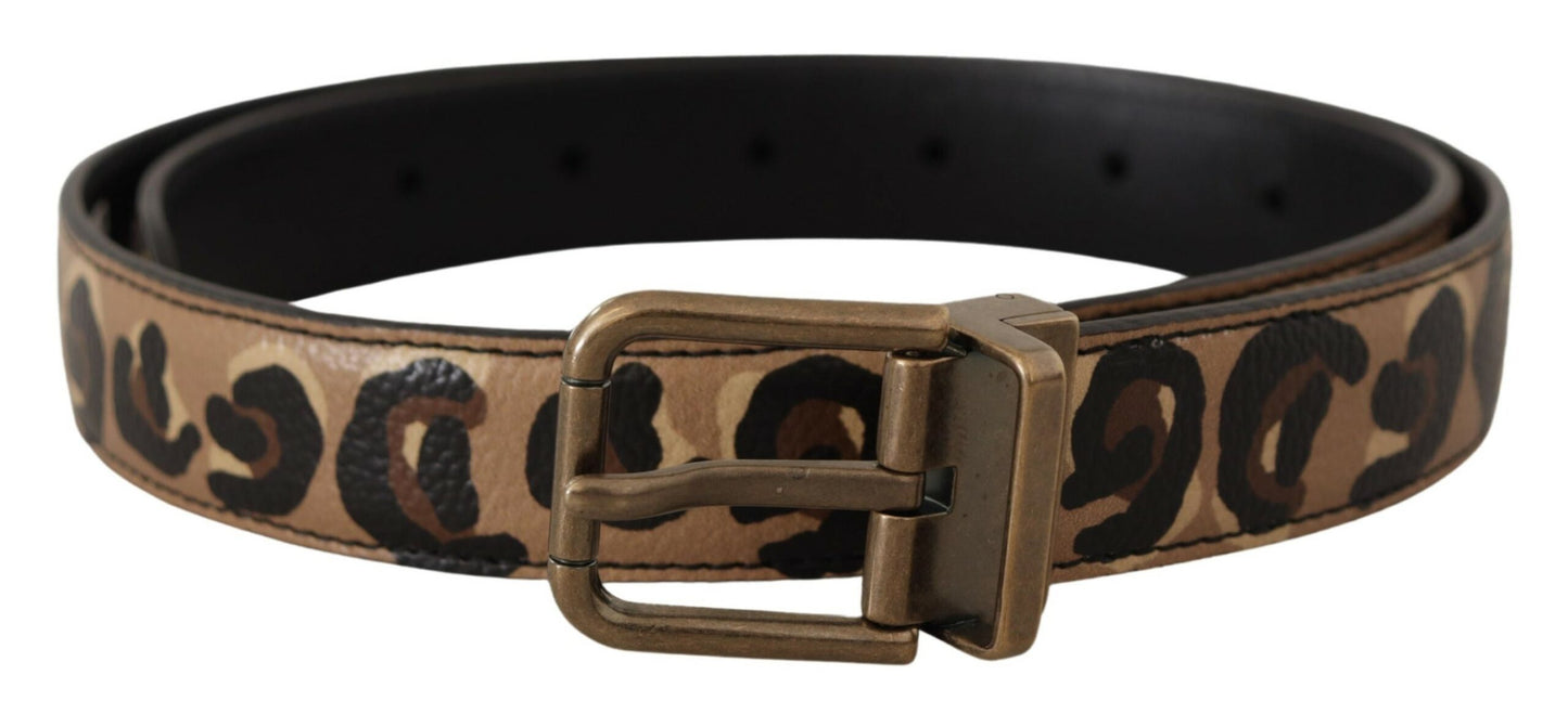 Brauner Ledergürtel mit Leopardenmuster und bronzefarbener Metallschnalle