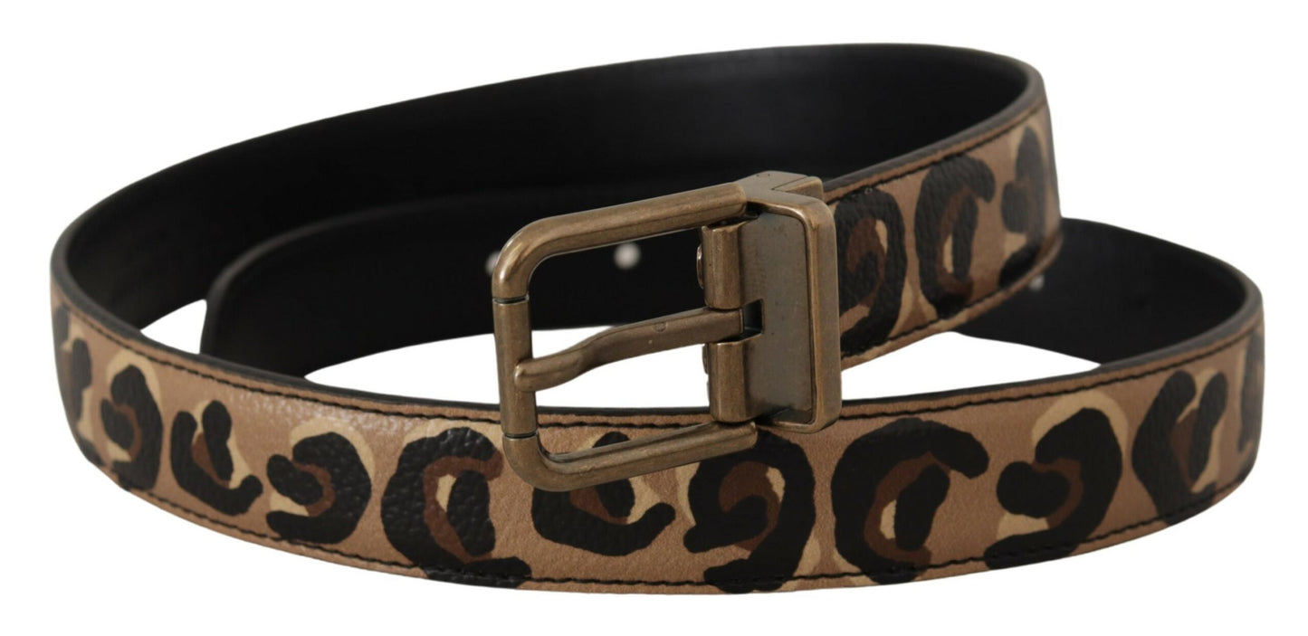Brauner Ledergürtel mit Leopardenmuster und bronzefarbener Metallschnalle