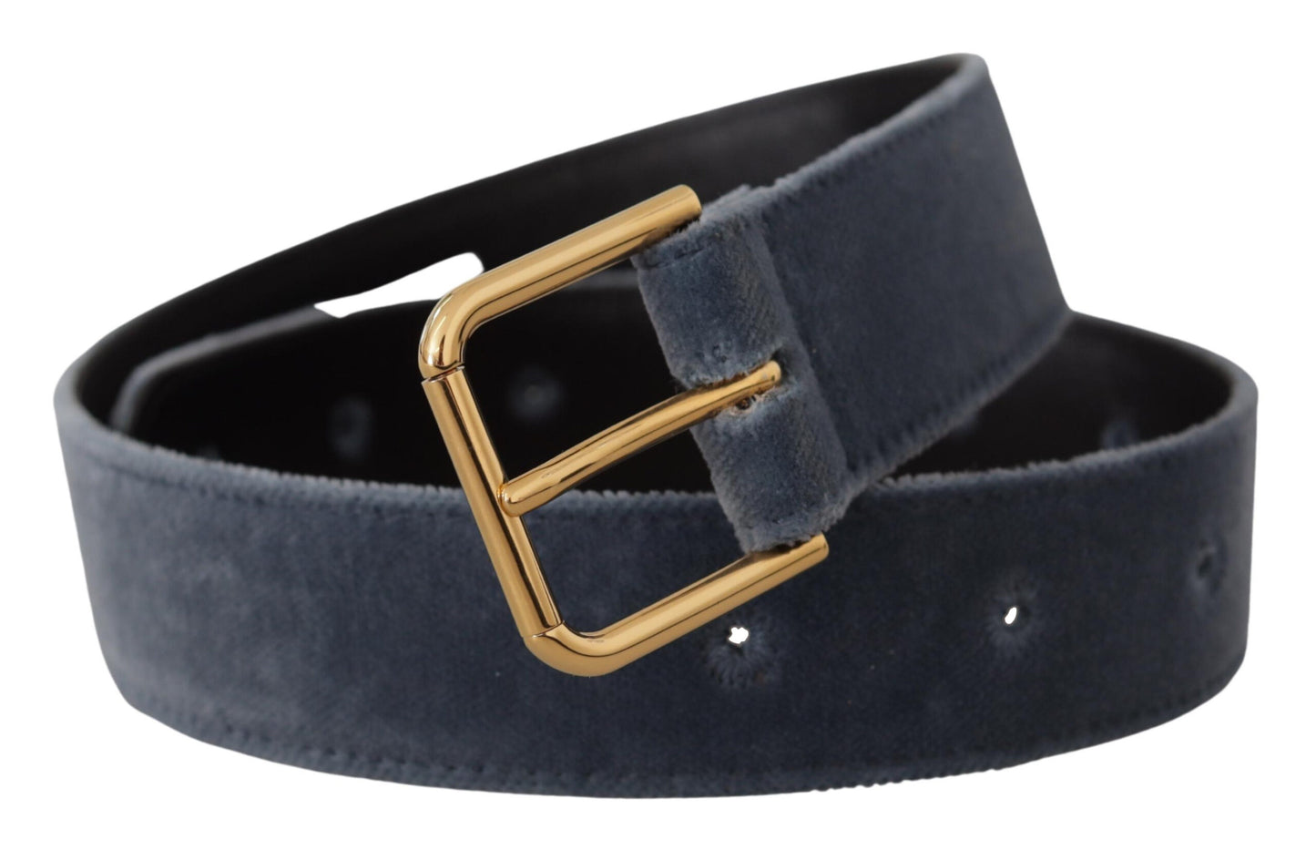 Marineblauer Samtgürtel mit goldener Metall-Logo-Gürtelschnalle